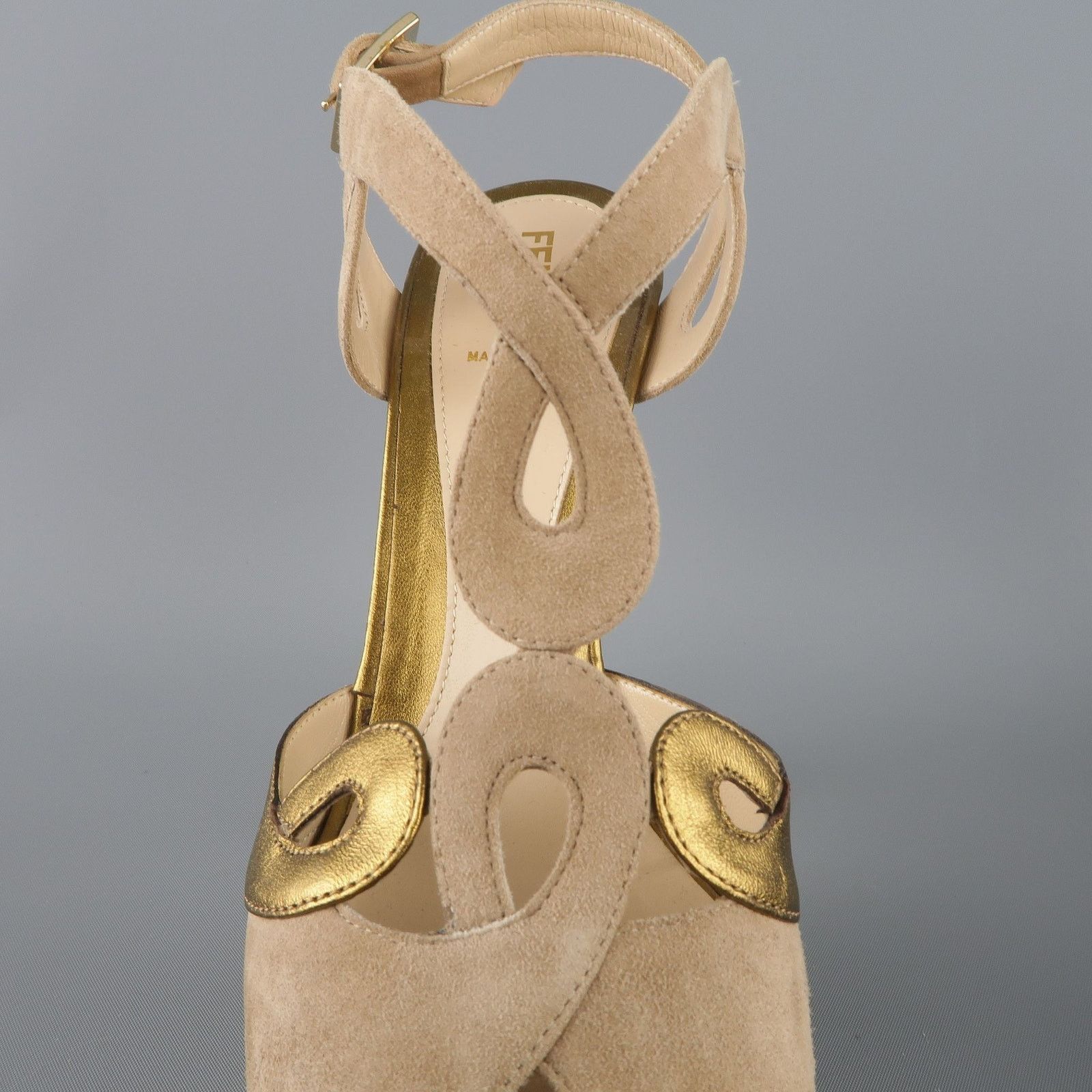 Fendi Size 9 Taupe Suede Metallic Gold Leather Peep Toe Platform Size US 9 / IT 39 - 6 Thumbnail