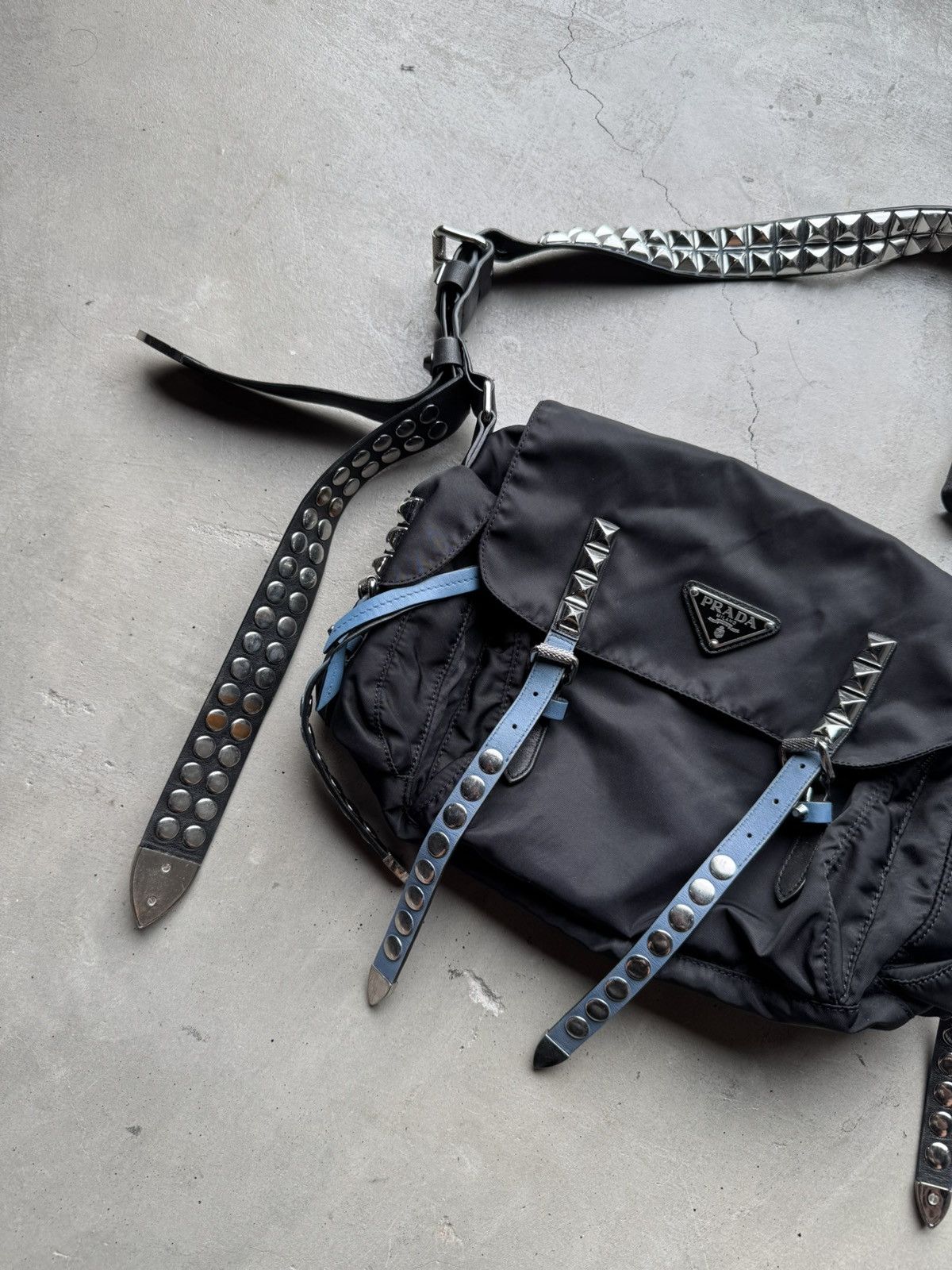 Prada Prada Black/Blue Nylon and Leather New Vela Studded Size ONE SIZE - 3 Thumbnail