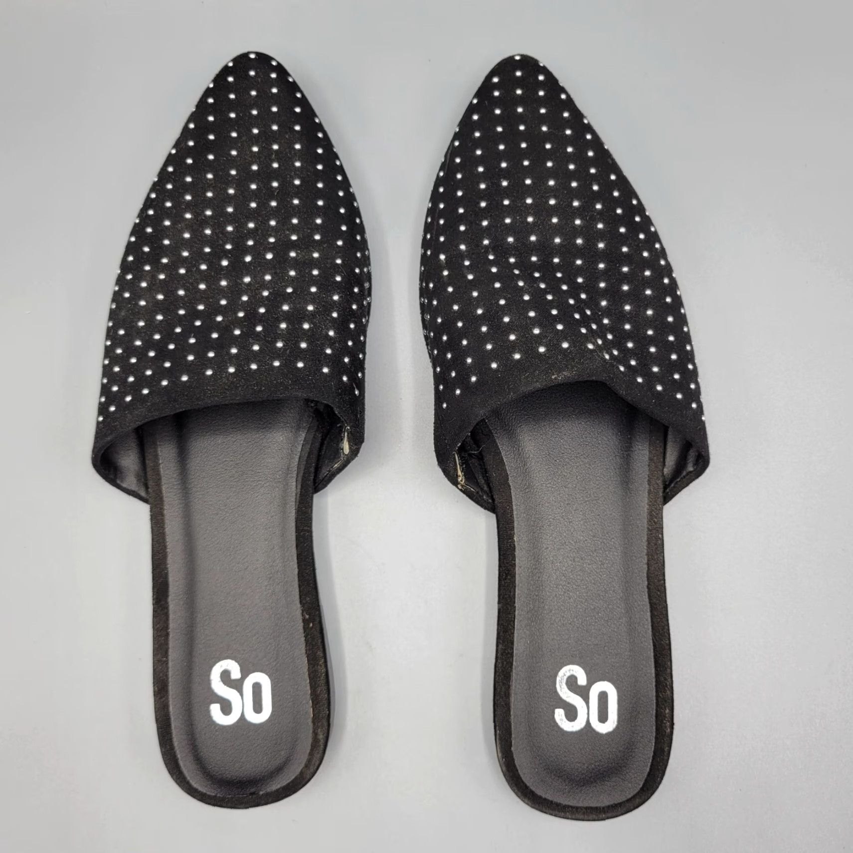 Vintage SO Black Studded Pointed Toe Flats Slide On Mules Size 7 Womens Shoes Flat Size US 7 / IT 37 - 5 Thumbnail