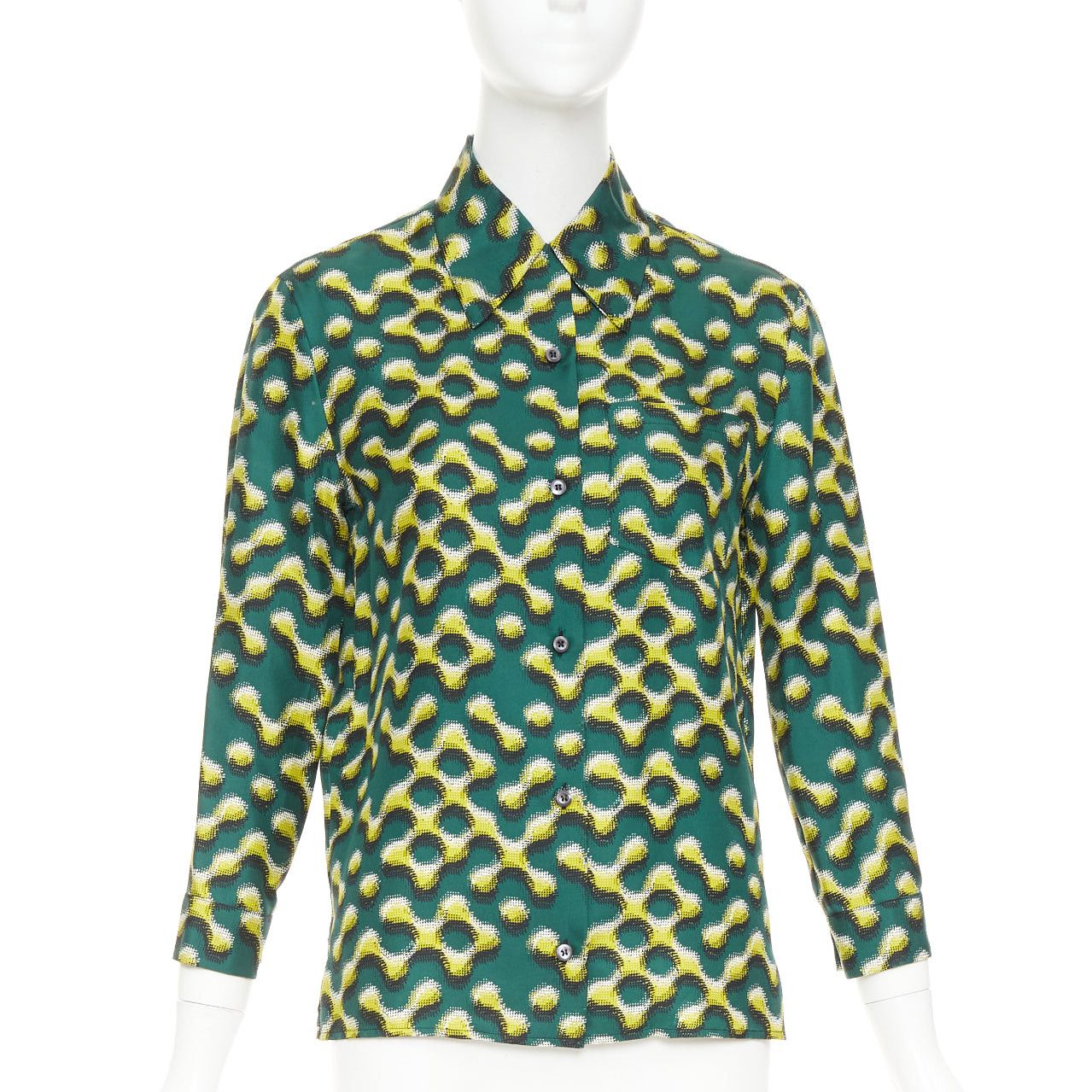 Prada PRADA 2015 100% silk green yellow molecular geometric print shirt IT38 XS Size XS / US 0-2 / IT 36-38 - 1 Thumbnail