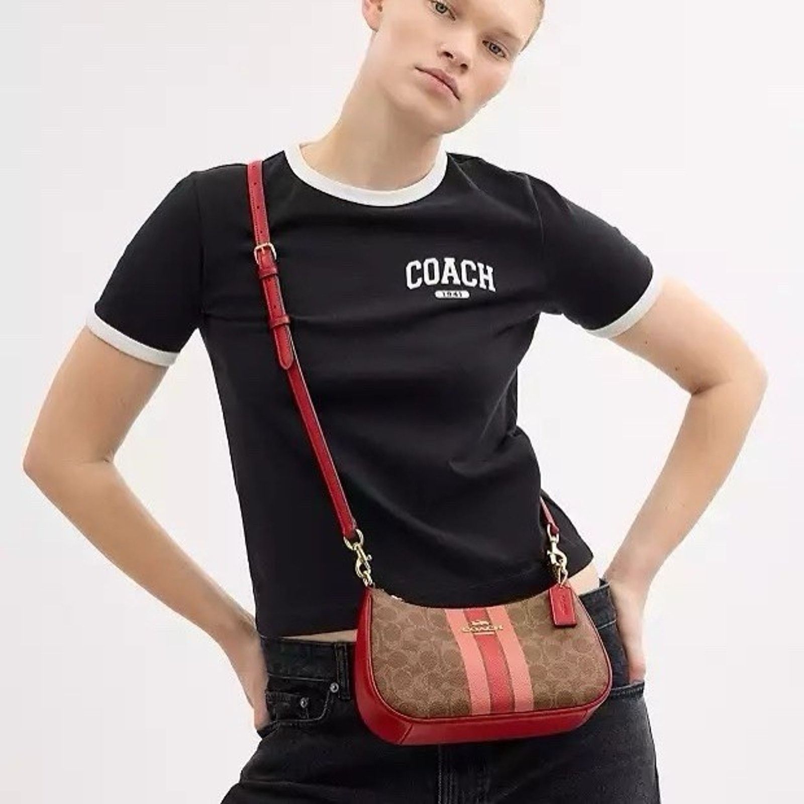 Coach NWT Coach Teri Shoulder Bag With STRIPE CAL81 Gold/Tan Multi Size ONE SIZE - 11 Thumbnail