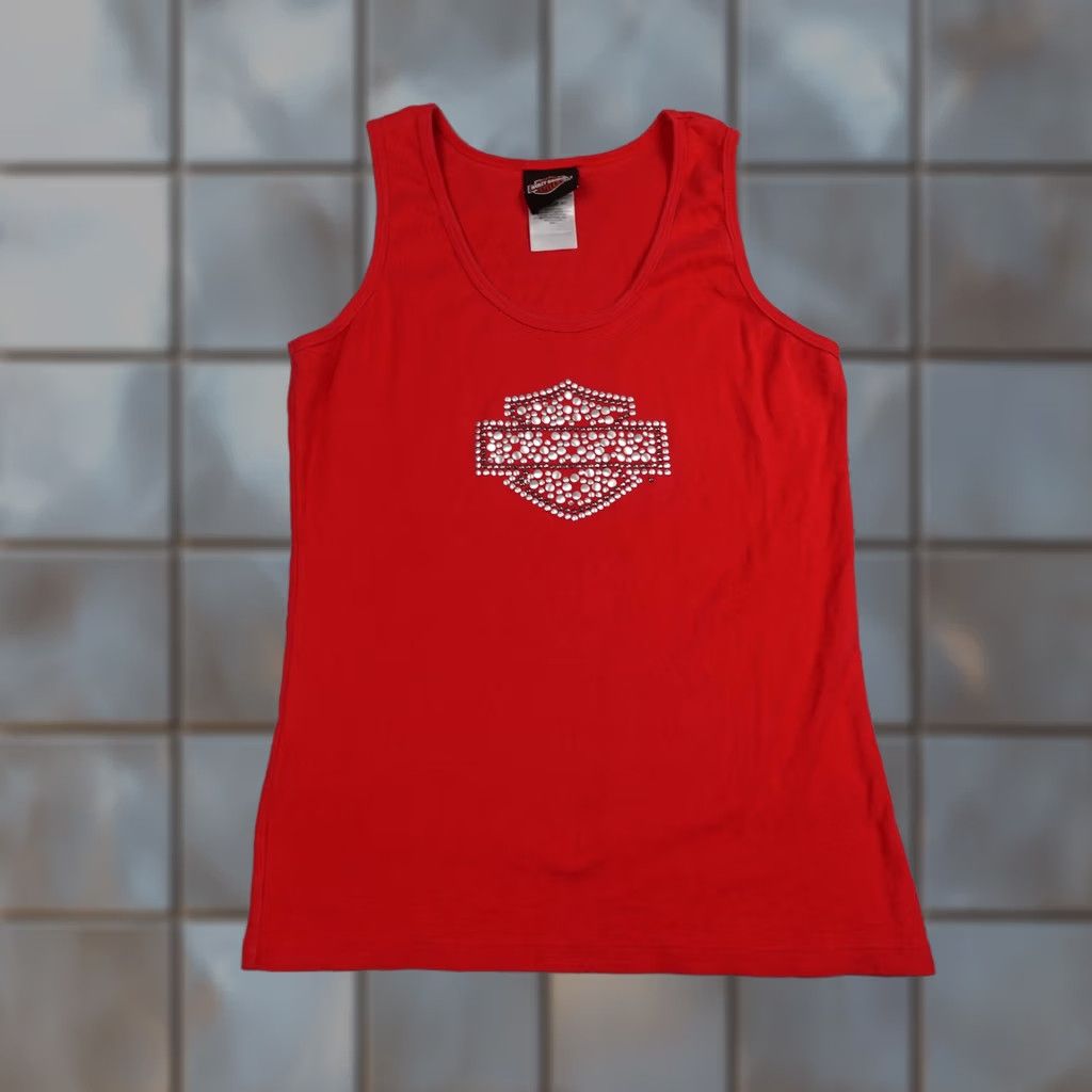 Harley Davidson VINTAGE Harley-Davidson Shirt Womens Small Red Rhinestone Tank Top Biker Made in USA Size S / US 4 / IT 40 - 1 Thumbnail