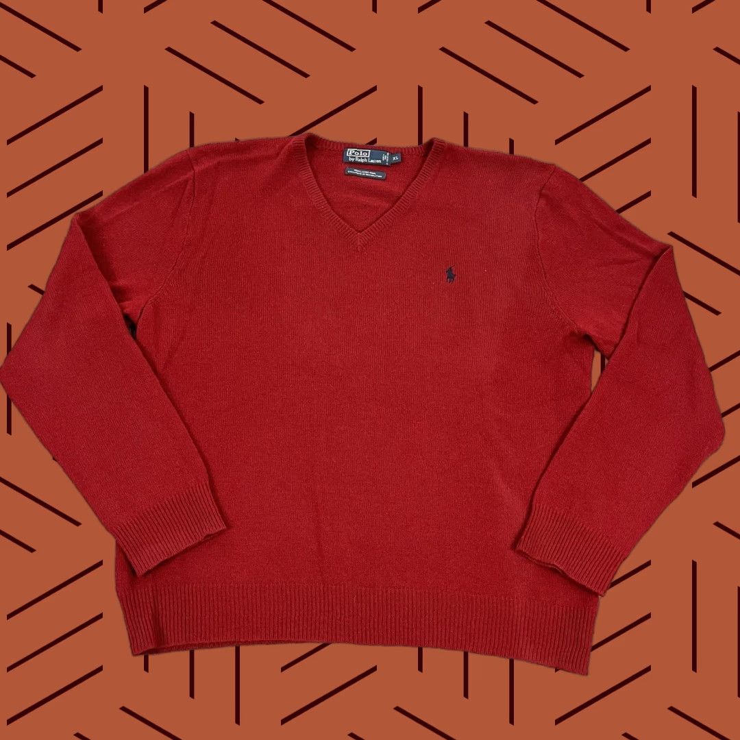Ralph Lauren Ralph Lauren Sweater Mens XL Red Lambs Wool V-Neck Pullover Polo Pony Embroidered Logo Classic Designer Knit Squared Pattern No N/A Size US XL / EU 56 / 4 - 1 Thumbnail