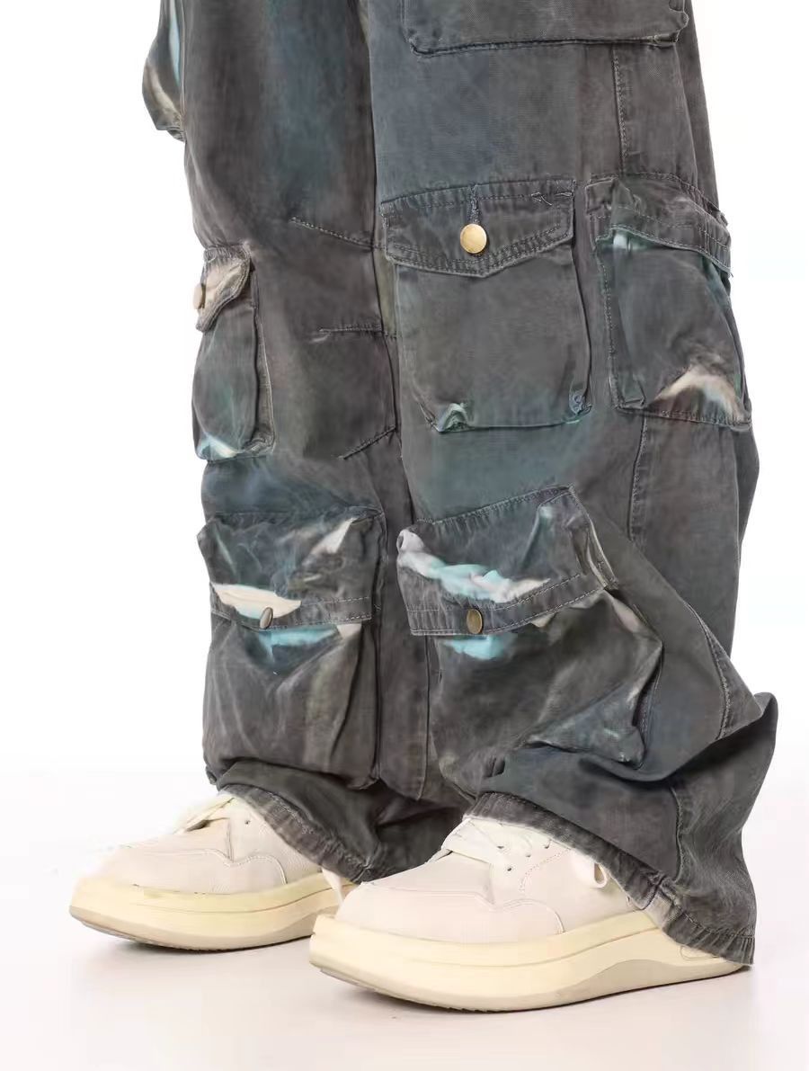 Tie-dyed vintage gradient multi-pocket baggy work jeans