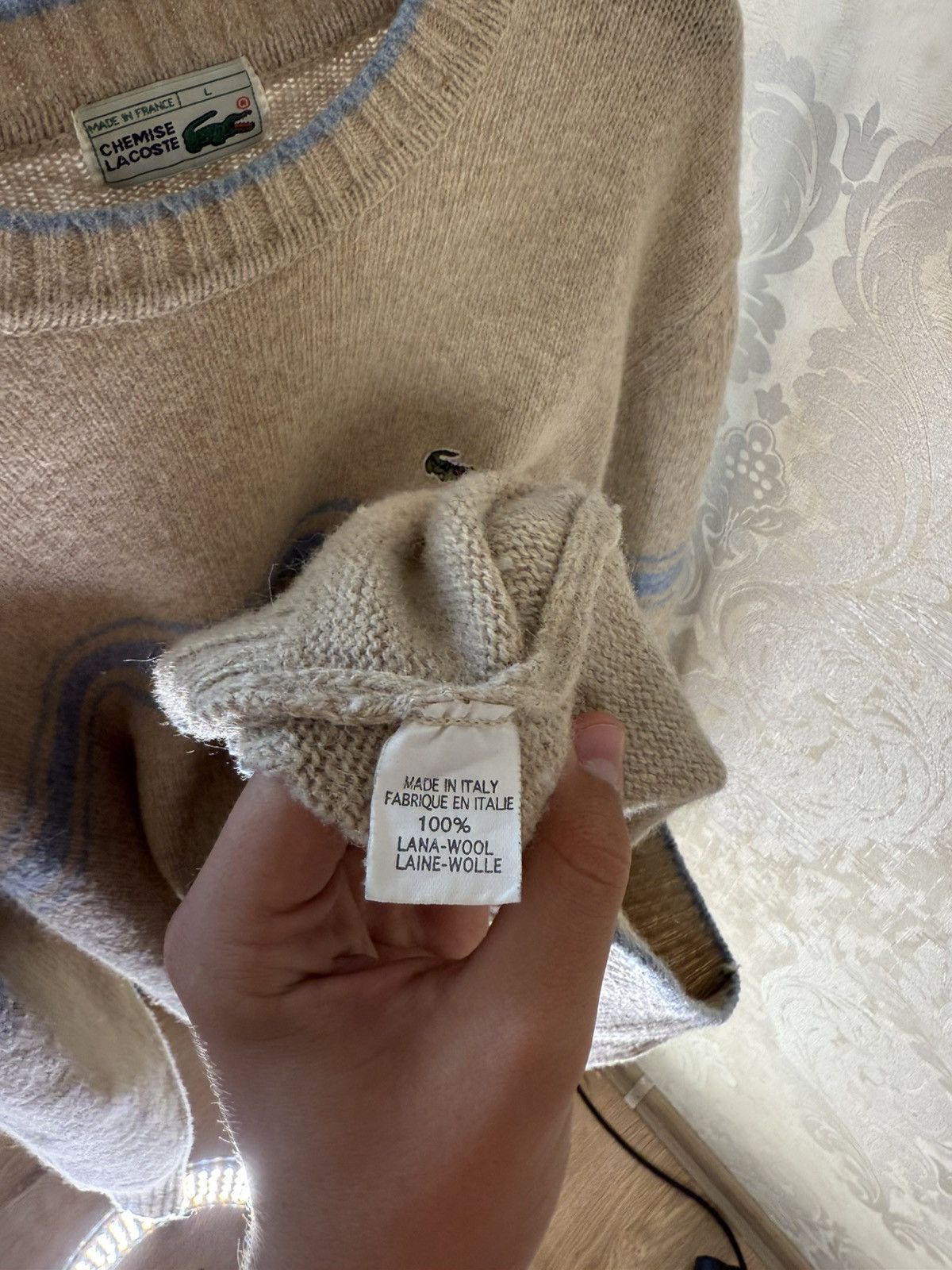 Lacoste VINTAGE LACOSTE BEIGE SWEATER WITH BLUE STRIPES SIZE L Size US L / EU 52-54 / 3 - 5 Thumbnail