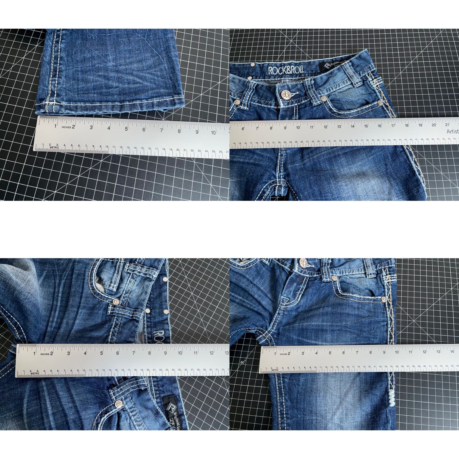 Vintage VINTAGE? No — Rock & Roll Cowgirl Jeans Bootcut Denim 5-Pocket Womens 27 x 34 Dark Blue Rhinestone Accents 90s Theme Womens Jeans Size 27" / US 4 / IT 40 - 8 Thumbnail
