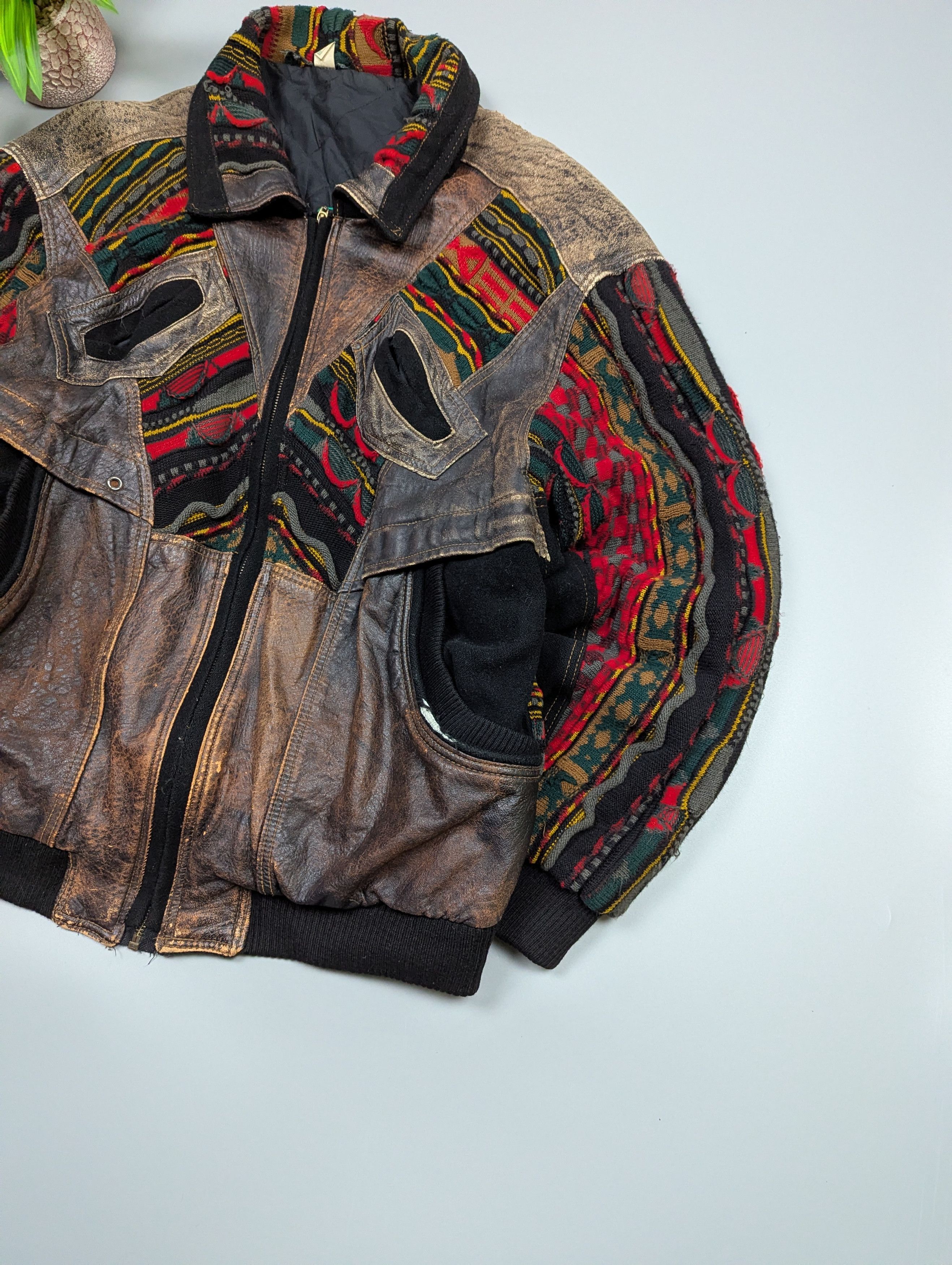 Vintage Roger Springfield Vintage 80s Leather×Knit Patchwork Bombe Size US L / EU 52-54 / 3 - 3 Thumbnail