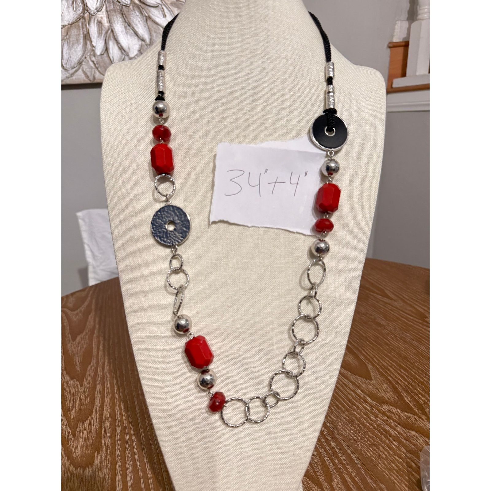 Other NWT Macy’s Red Black Silver Tone Statement Necklace 34” + 4” Size ONE SIZE - 7 Thumbnail