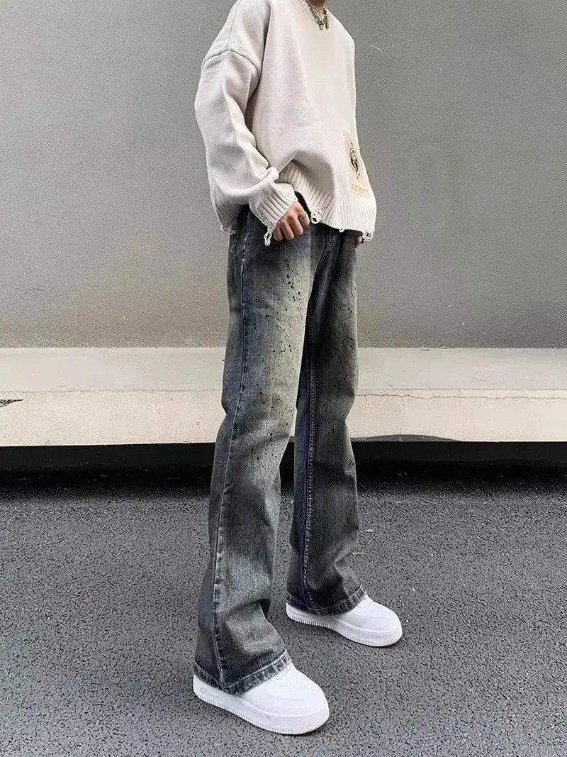 Japanese Brand Retro micro flared straight leg splashed ink jeans Size US 30 / EU 46 - 1 Thumbnail