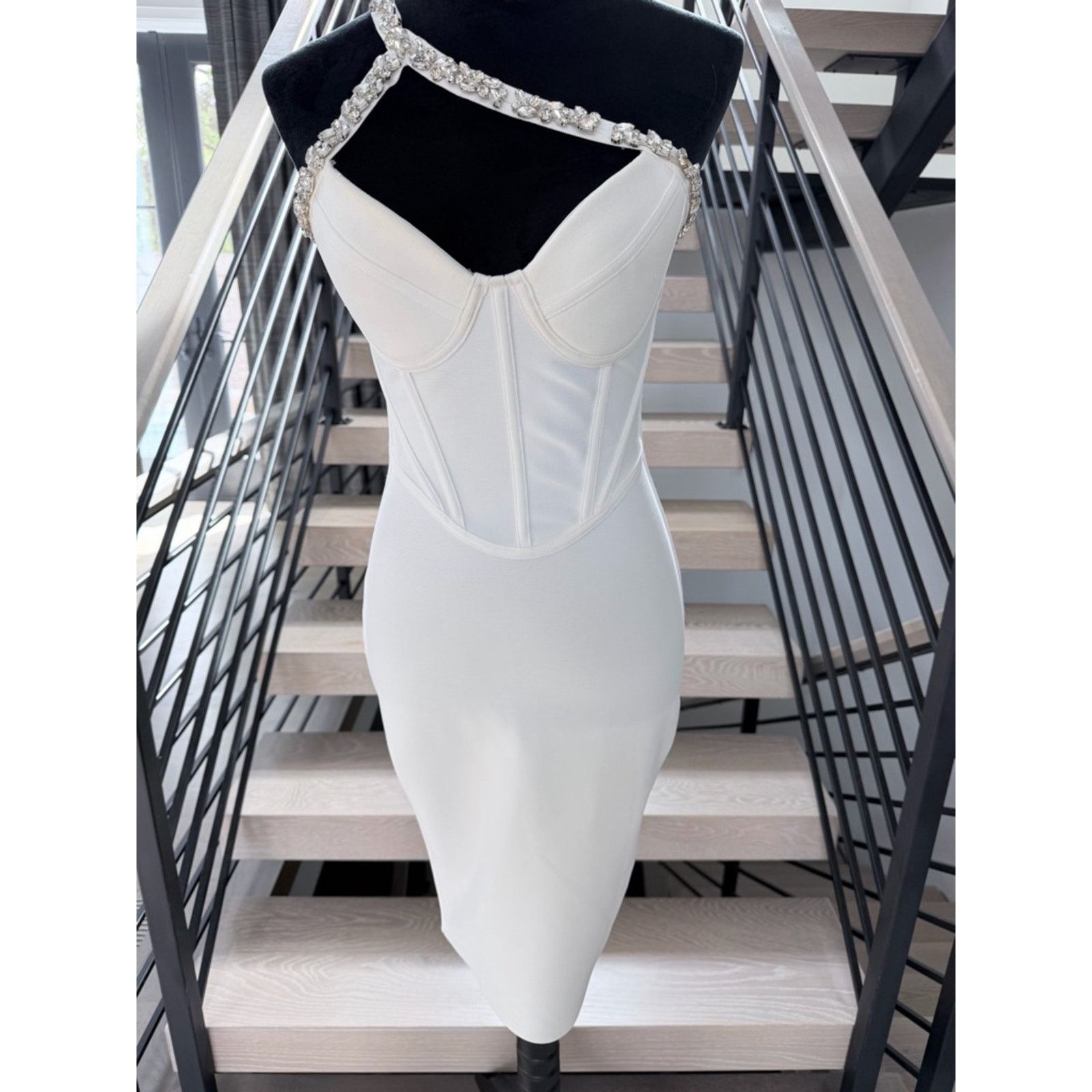 Bebe Bebe White One-Shoulder Rhinestone-Trim Bodycon Dress size S Size S / US 4 / IT 40 - 5 Thumbnail