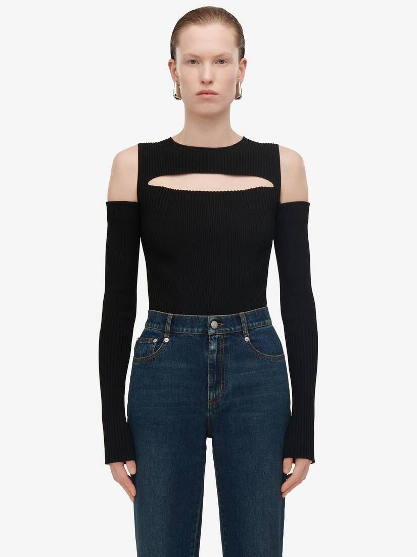 Alexander McQueen o1srvl11e0326 Slashed Knit Top in Black Size L / US 10 / IT 46 - 2 Thumbnail