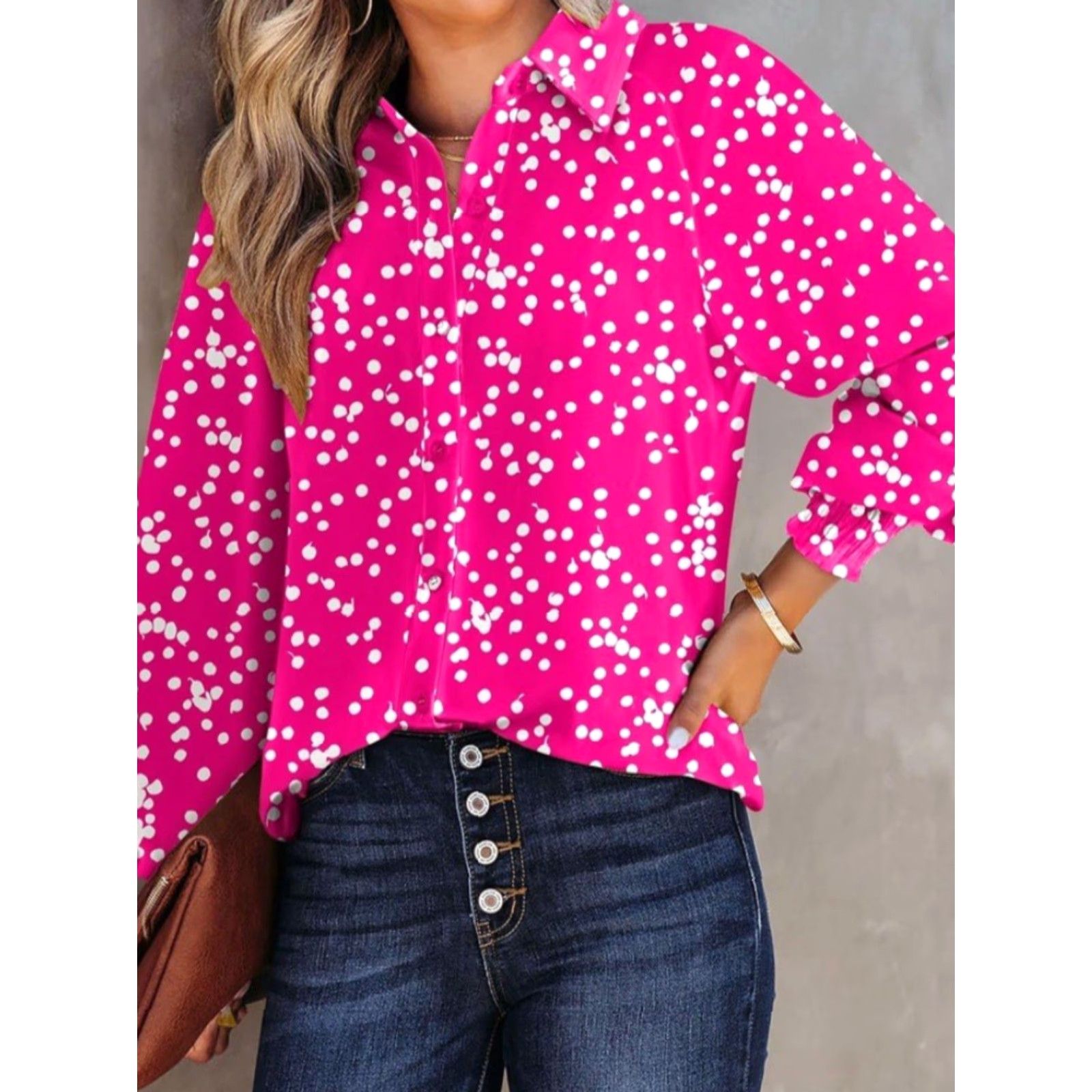 Vintage DOKOTOO Blouse - Womens Casual V Neck Long Sleeve Button Down - Pink - Size L - Polyester - Easy Care - Ruffle - Regular Fit Size L / US 10 / IT 46 - 6 Thumbnail
