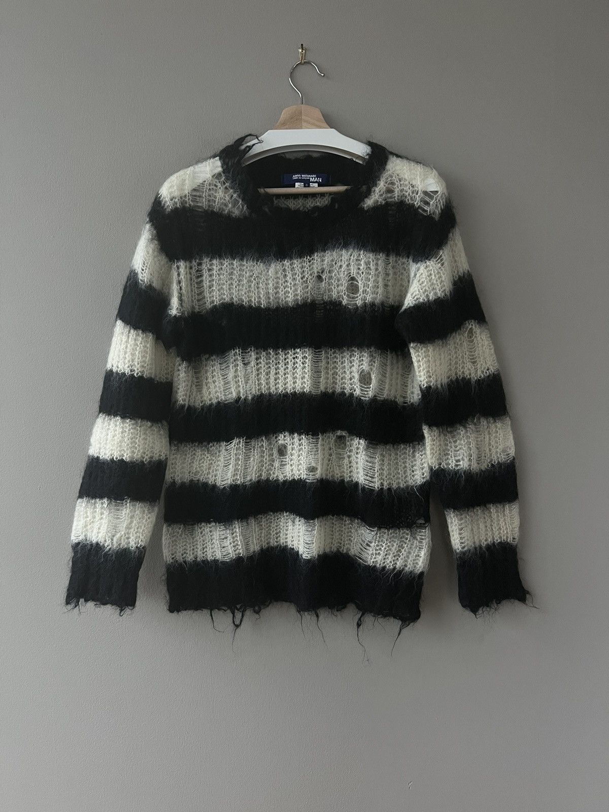 image of Junya Watanabe Aw14 Striped Distressed Mohair Sweater in Black, Men's (Size Small)