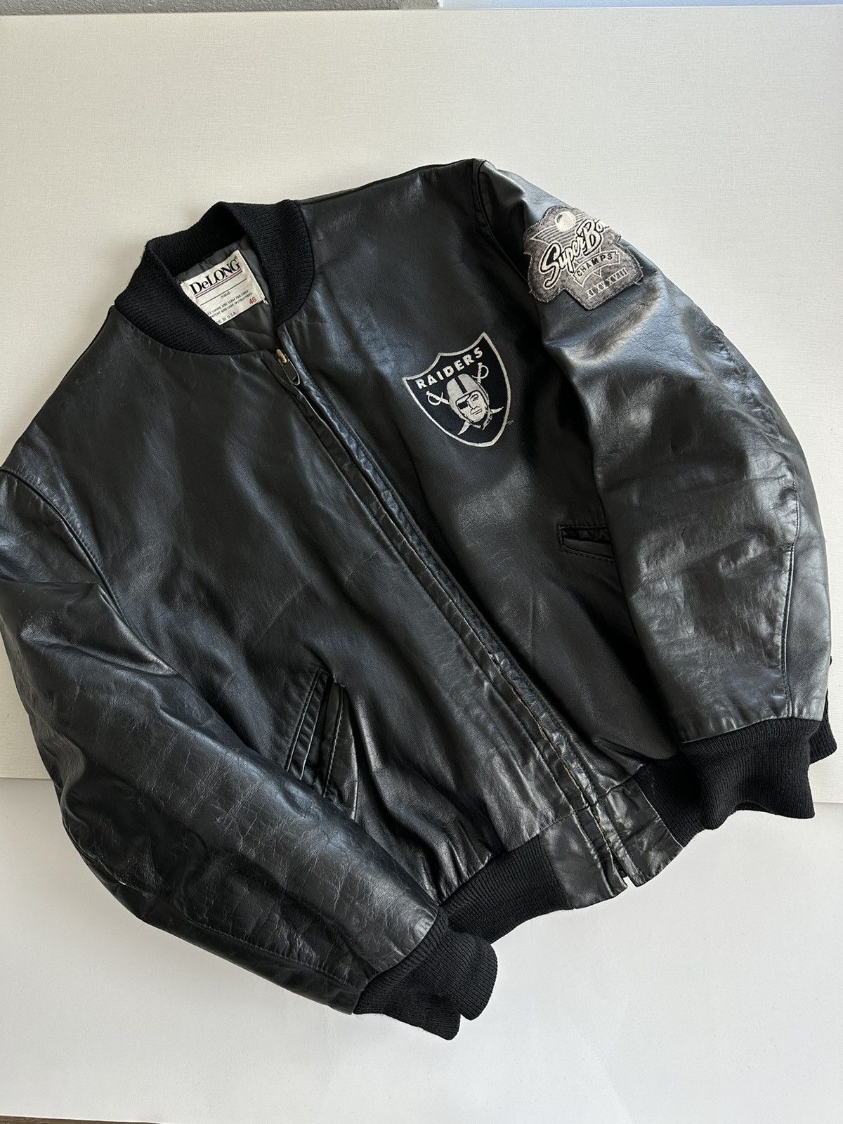 image of Nfl x Oakland Raiders Crazy Vintage 80's Oakland Raiders Super Bowl Leather Jacket in Black (Size L