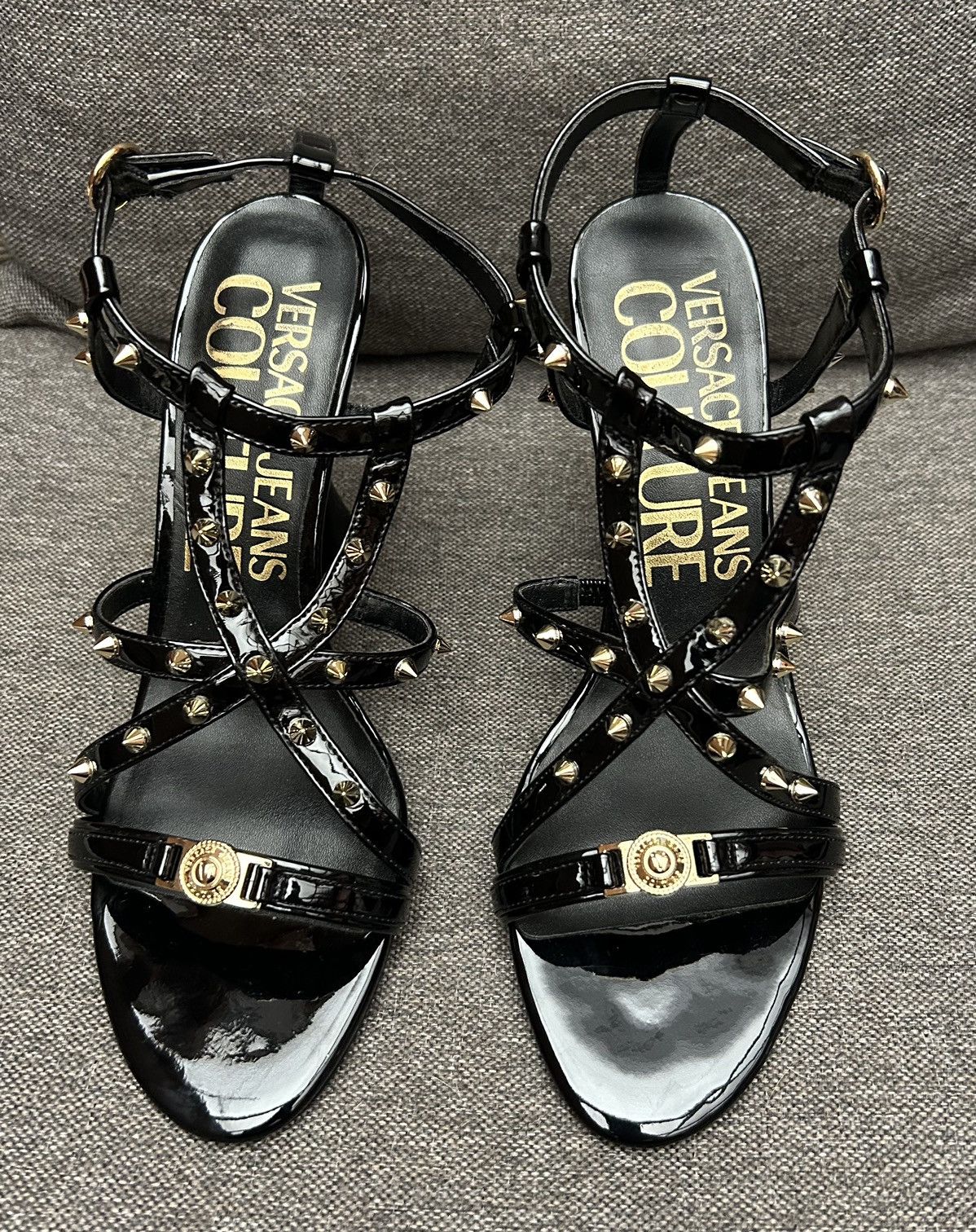 image of Versace Jeans Couture Black High Heel Shoes Gold Spike Sandals, Women's (Size 8)