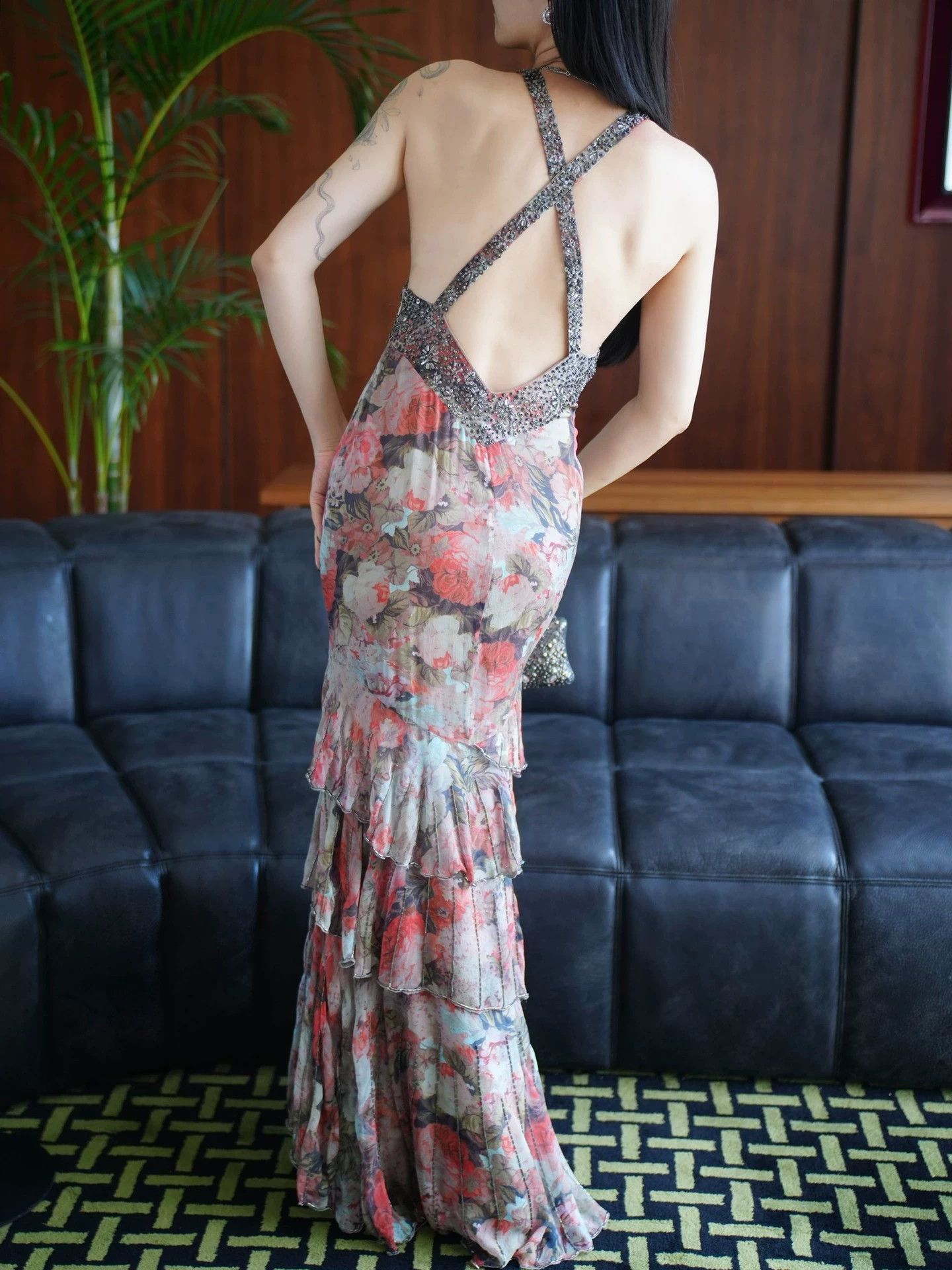 Other Vintage Silk Oil-Painting Beaded Cross-Back Layered Dress Size M / US 6-8 / IT 42-44 - 7 Thumbnail