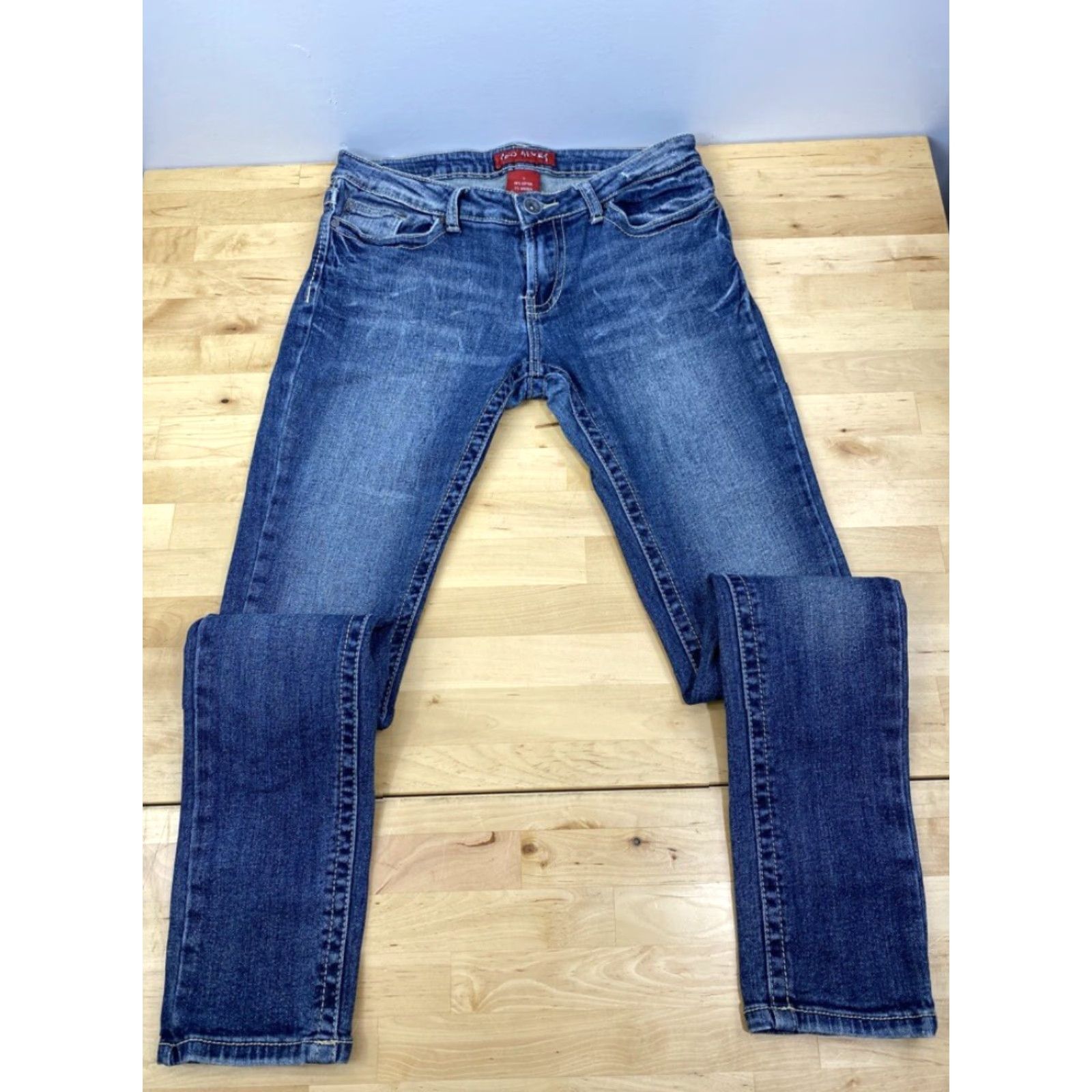 Denime Red Rivet Jeans Denim Blue Jeans Women Junior Size 7 5-Pocket Design Distressed Medium Rise Flared Denim Blue Size 28" / US 6 / IT 42 - 2 Thumbnail