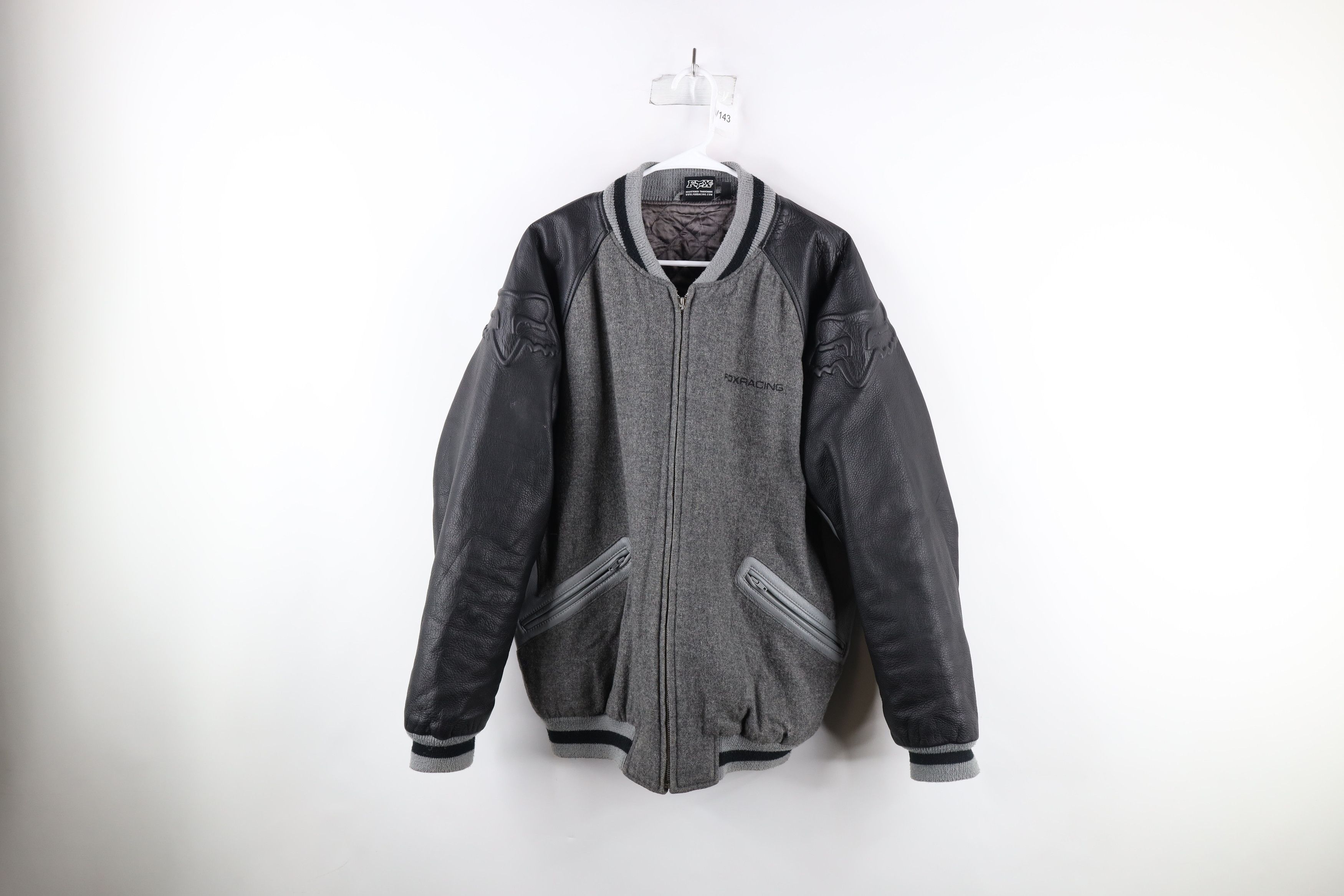 image of Fox Racing Quilted Wool Leather Varsity Jacket Gray in Grey, Men's (Size Large)