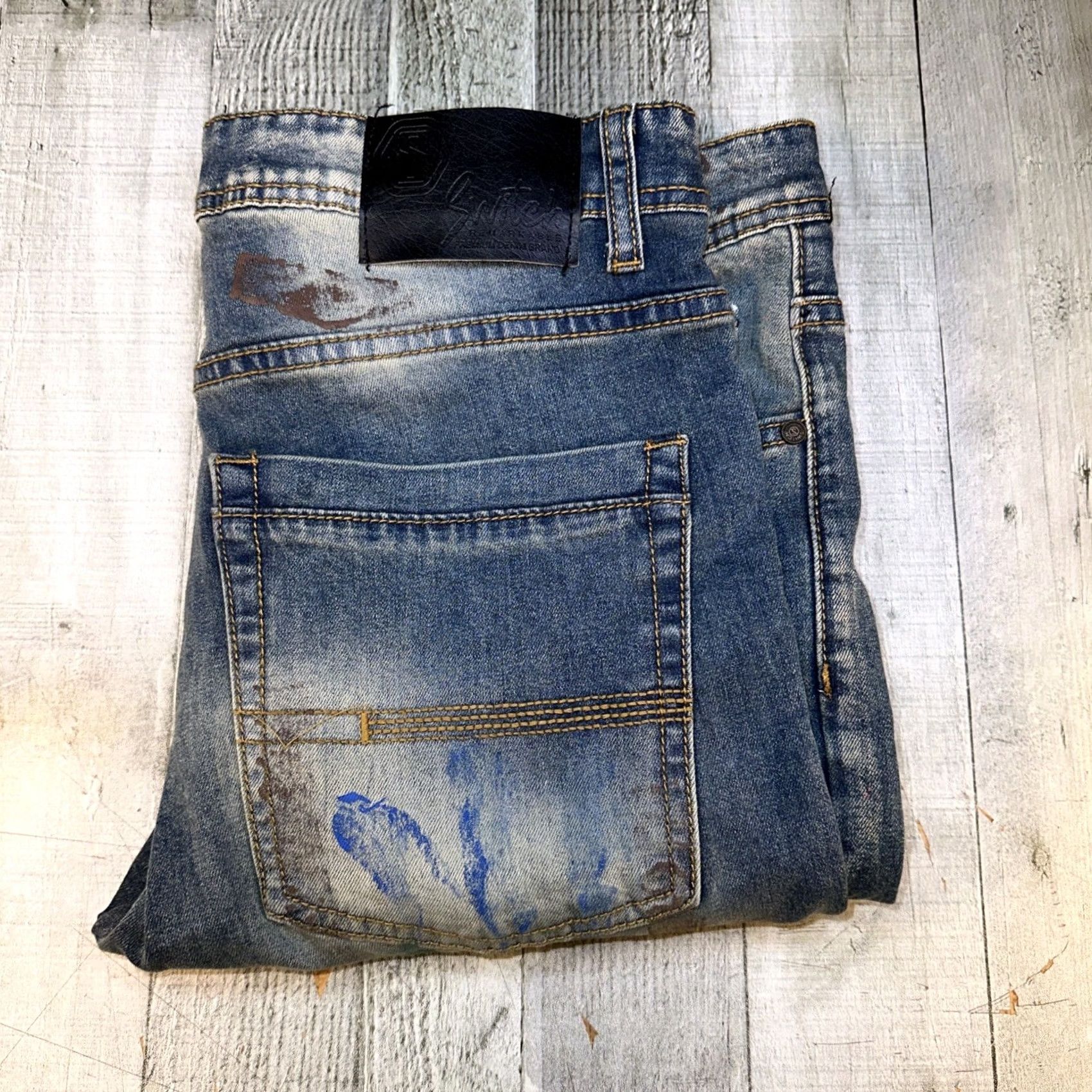 Vintage Switch Jeans Slim Taper Mens 32x32 Denim Distressed Splatter 5-Pocket Zipper Button Stretch Size US 32 / EU 48 - 4 Thumbnail