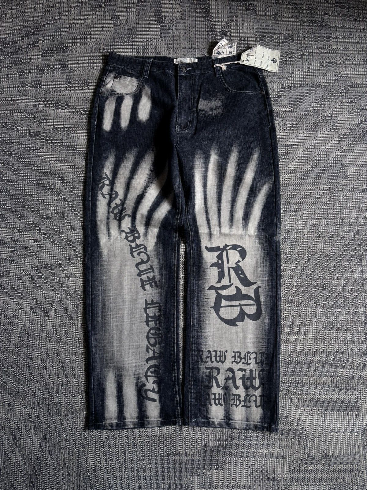 Other Y2K Raw Blue Vintage Wide Leg Jeans Hand Graphic Faded Black Size US 36 / EU 52 - 3 Thumbnail