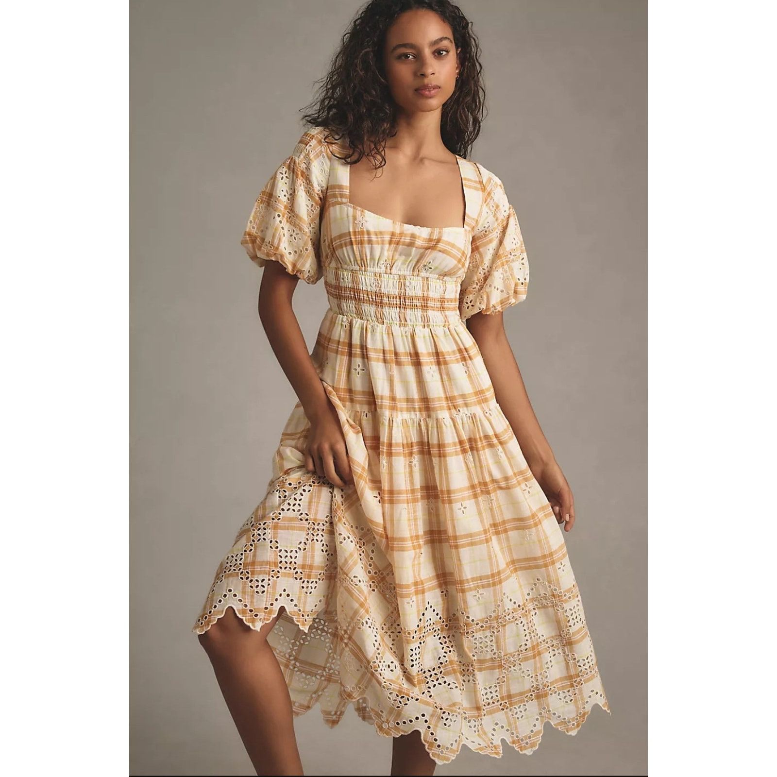 Anthropologie NWT Puff-Sleeve Eyelet Midi Dress $188 X-SMALL Yellow Plaid Size XS / US 0-2 / IT 36-38 - 1 Thumbnail