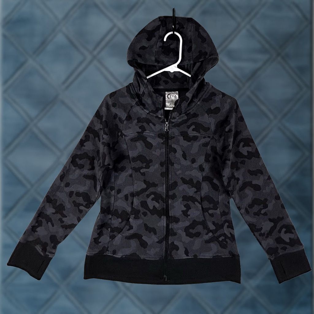 Vintage ZYIA Active Full Zip Hoodie Womens Small Black Gray Camouflage Pockets Zip Front Athletic Shirt (Hoodie) Size S / US 4 / IT 40 - 1 Thumbnail