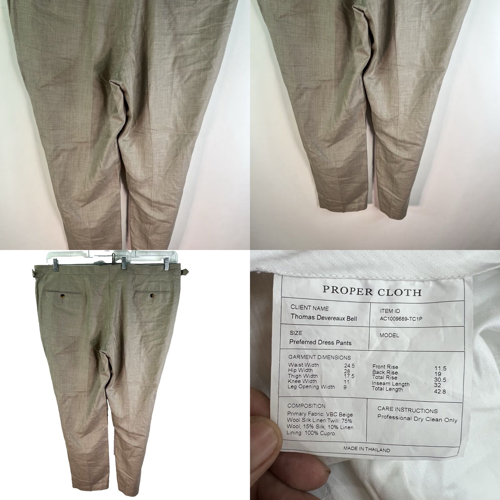 Proper Cloth Proper Cloth VBC Fresco Dress Pants Long Beige Regular 50 X 33 Men Linen Silk Wool Blend Front Flat Stretch Tie Hook N/A N/A Size US 34 / EU 50 - 8 Thumbnail