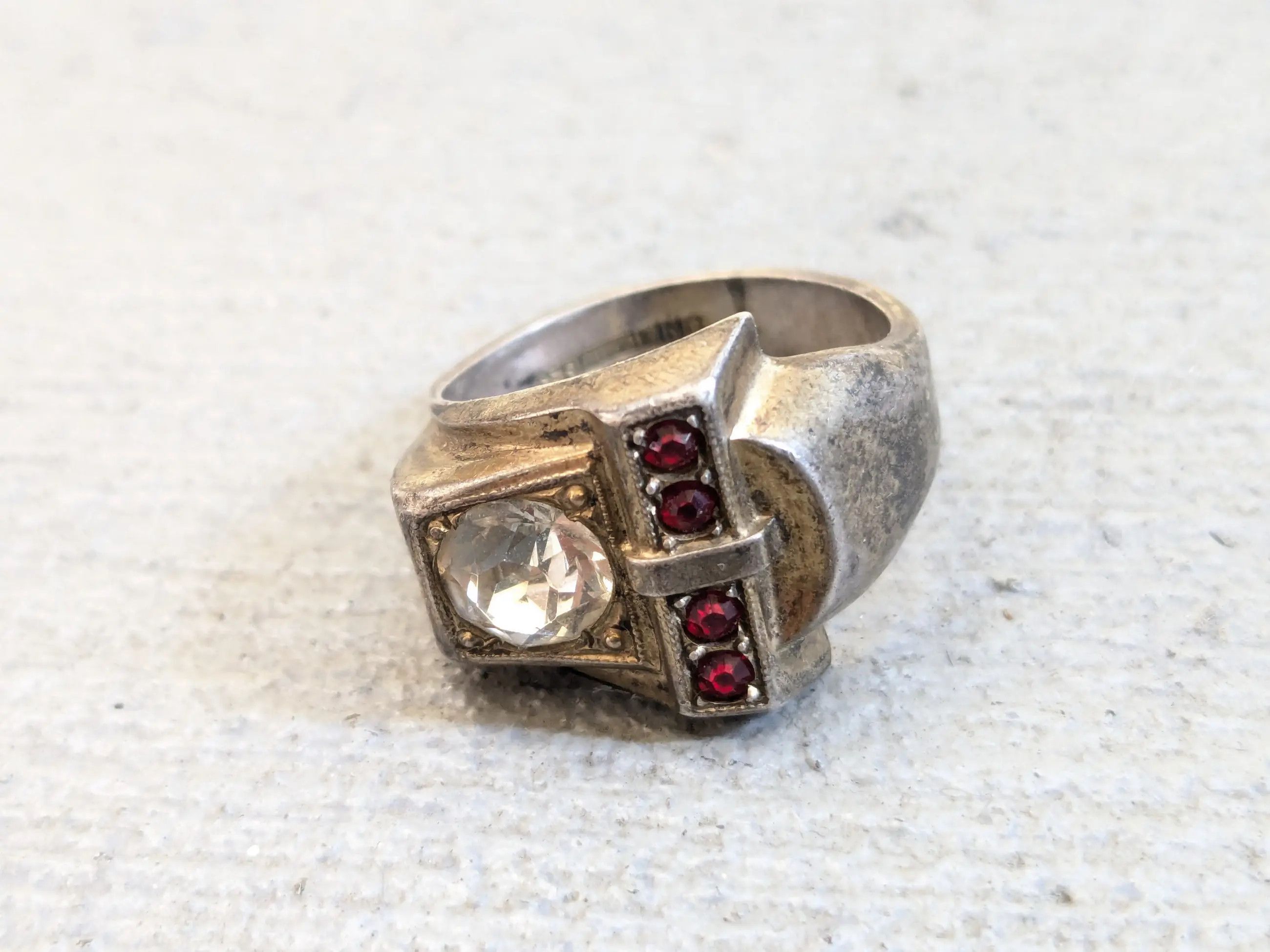 Sterling Silver Vintage Sterling Silver Ring 10.5 Glass Red Clear Theda Belt Size ONE SIZE - 9 Thumbnail