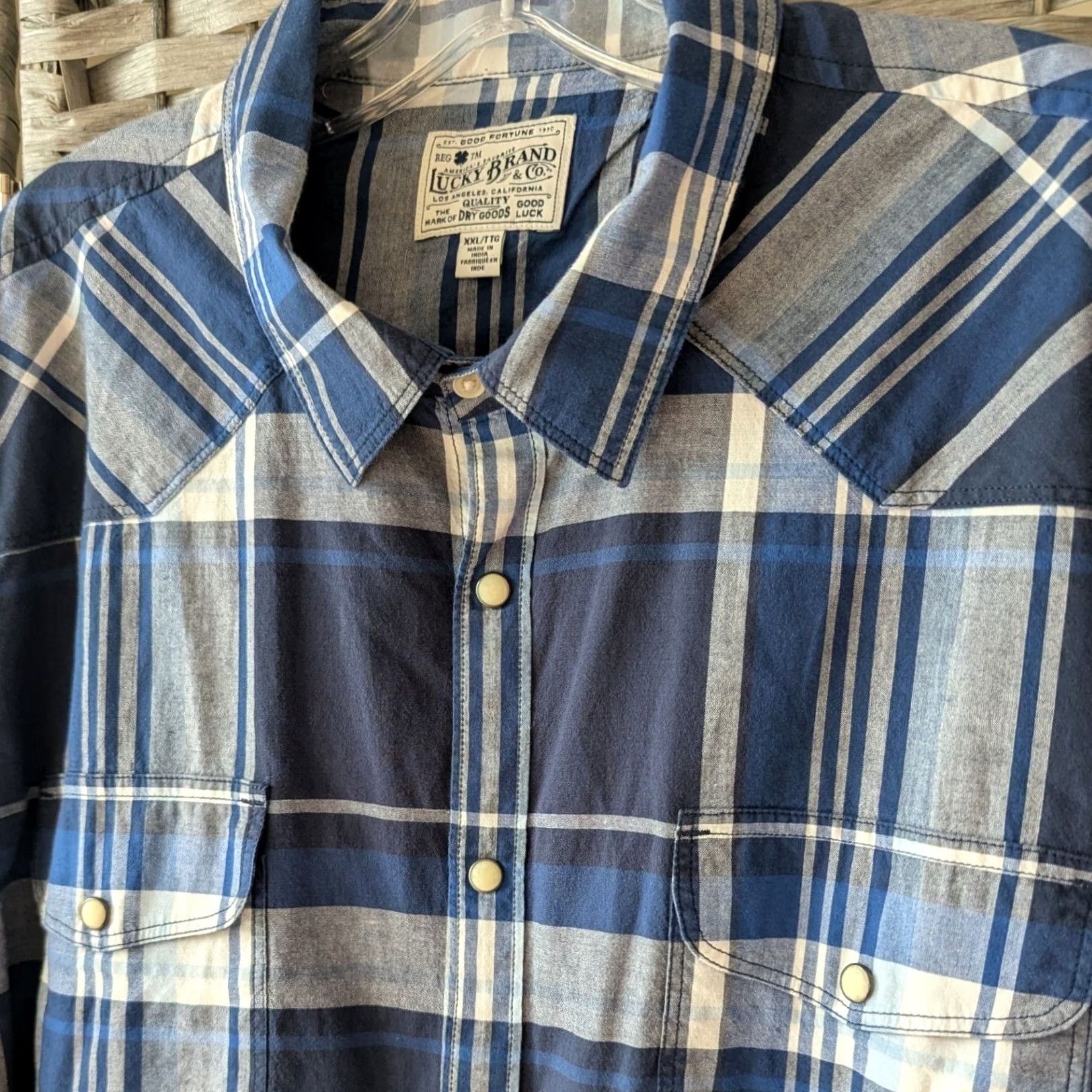 Lucky Brand Lucky Brand Western Shirt Blue & White Plaid Pearl Snap Short Sleeve Mens XXL Shirt Size US XXL / EU 58 / 5 - 2 Thumbnail