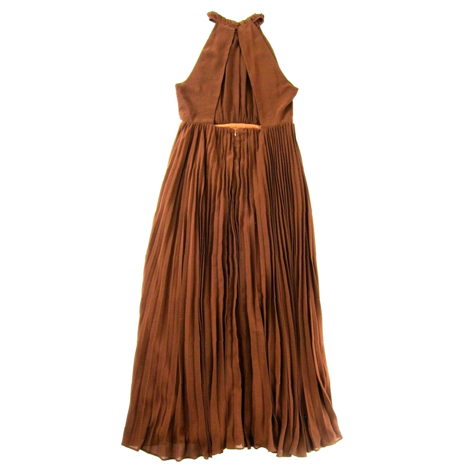 Melloday Nordstrom Brown Ruffle High Neck Sleeveless Long Maxi Gown Dress  Large