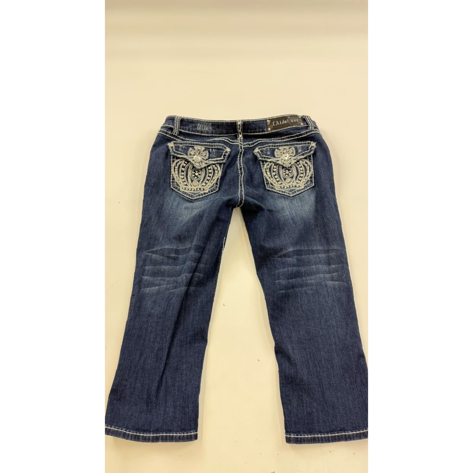Denime LA Idol Jeans Juniors 15 Blue Capri Embroidered Crown Rhinestone Stretch Denim Size 36" / US 14 / IT 50 - 6 Thumbnail