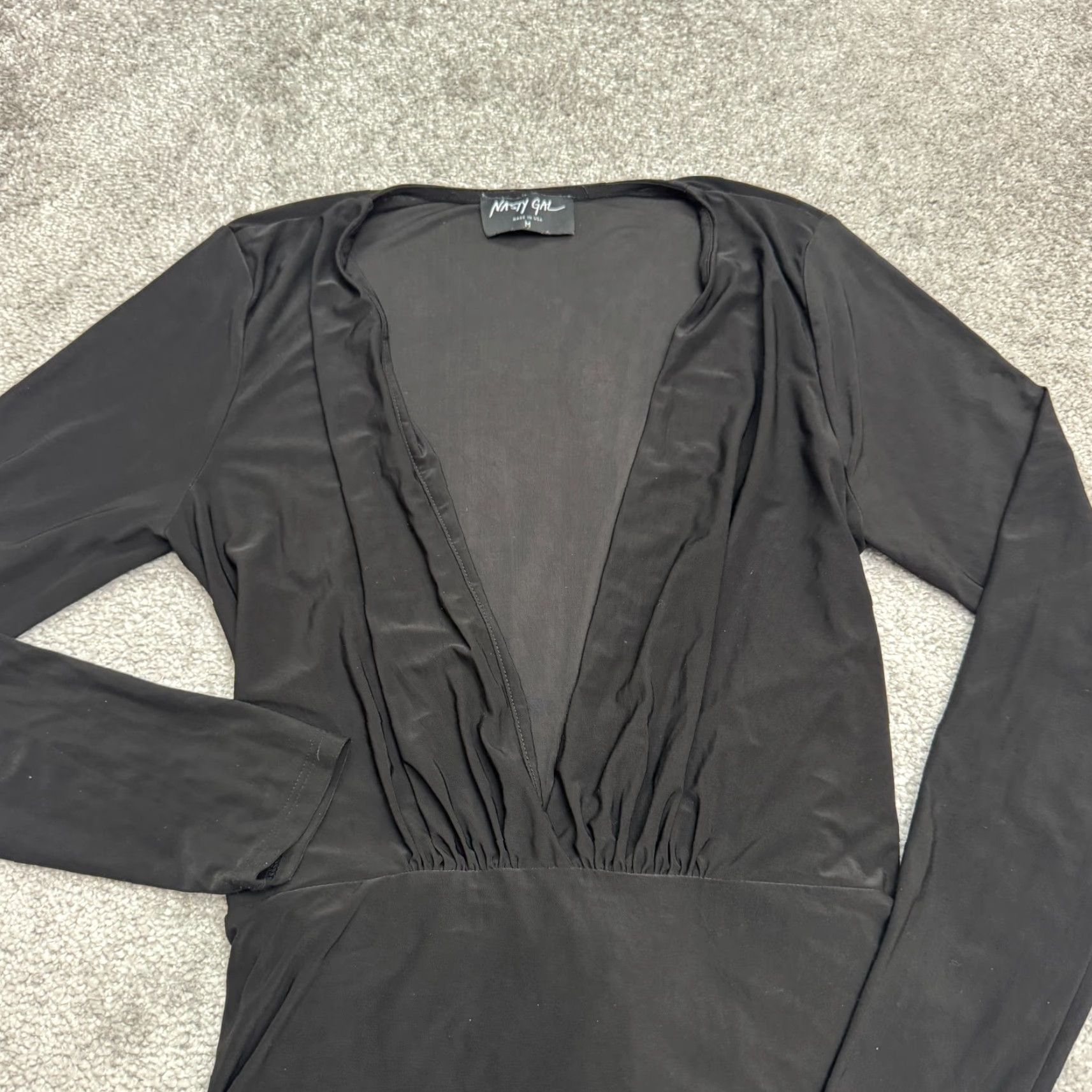 Nasty Gal Nasty Gal Dress Womens Medium Black Bodycon Mini Long Sleeve Ruched Plunging Womens Size M / US 6-8 / IT 42-44 - 3 Thumbnail