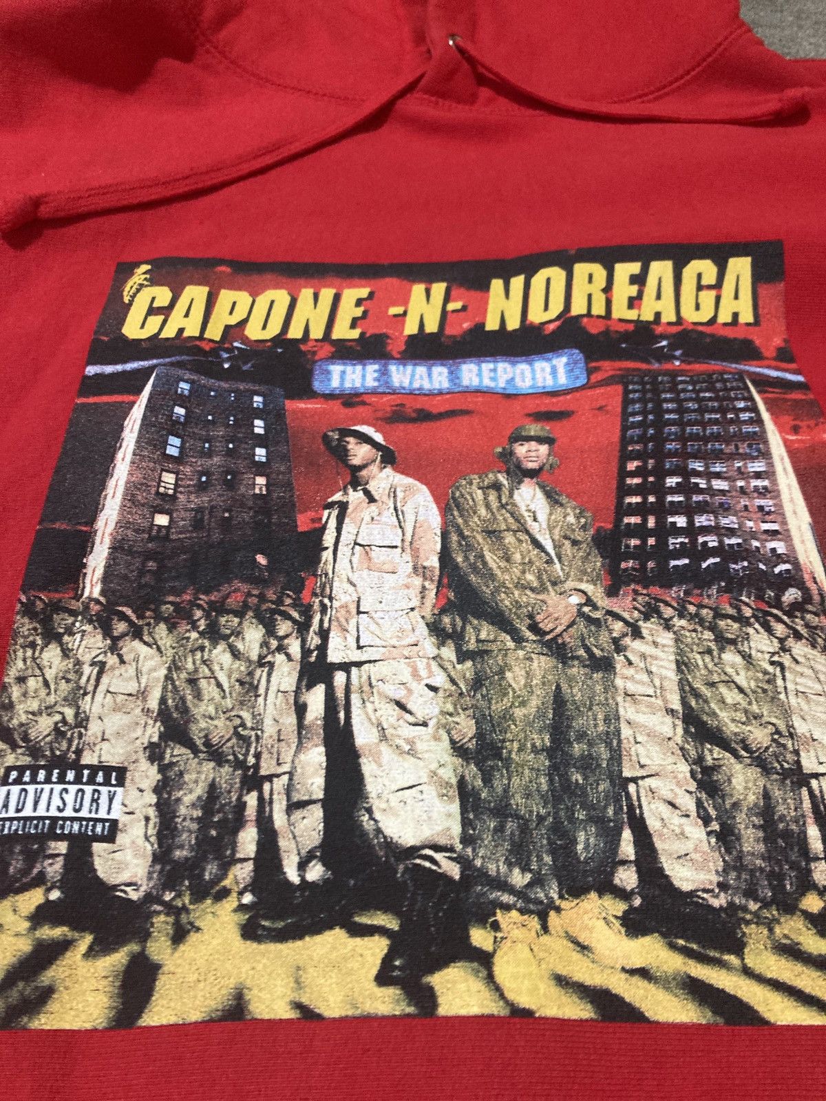 image of Band Tees x Supreme Capone N Noreaga The War Report Hoodie in Red, Men's (Size XL)