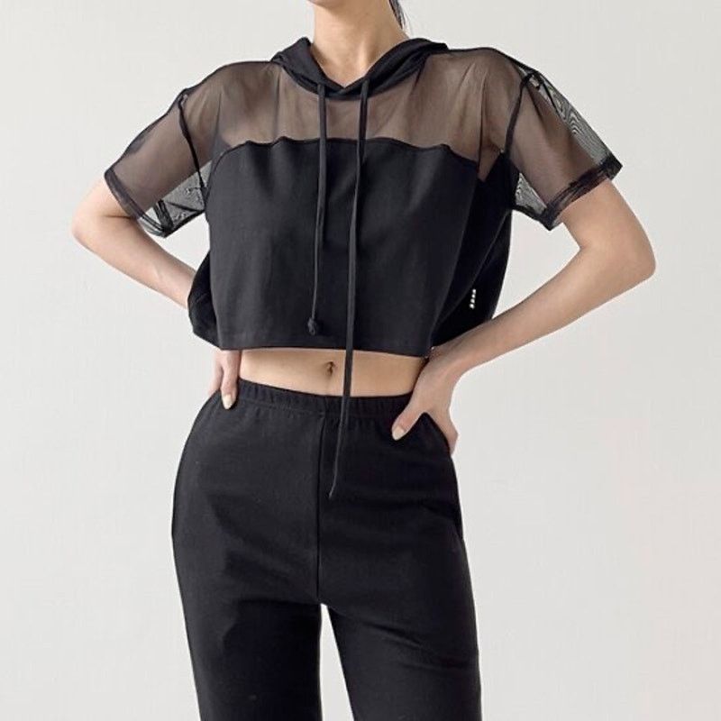 Vintage Heart Hip Black Crop Hoodie Top with Mesh Inserts - Size S / US 4 / IT 40 - 1 Thumbnail