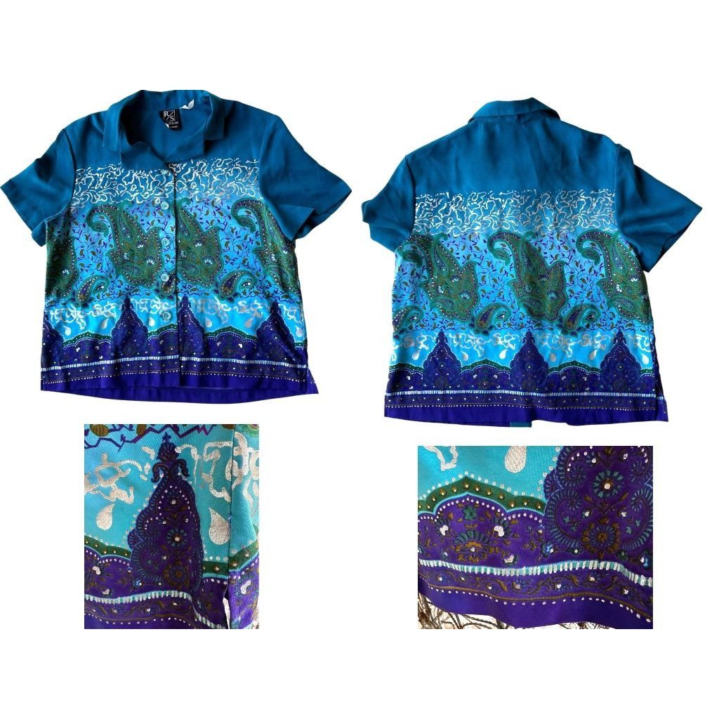Designer × Vintage VTG Russell Scott Signature Blouse 12 Teal Metallic Silve Size XL / US 12-14 / IT 48-50 - 2 Thumbnail