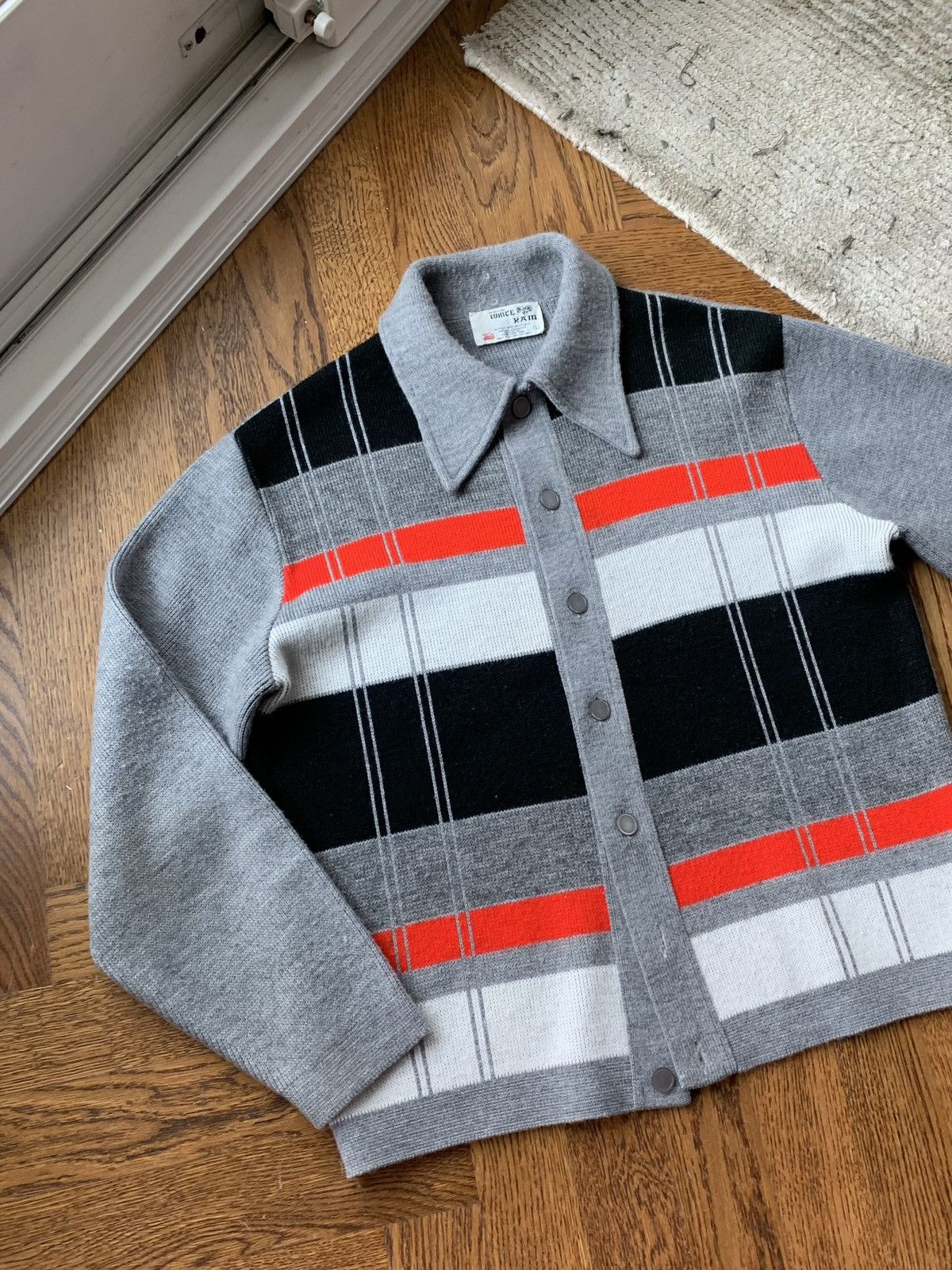 image of Made In Canada x Vintage 1970S Checkered Cardigan Vintage Boxy Pattern Knit Button Up (Size Medium)