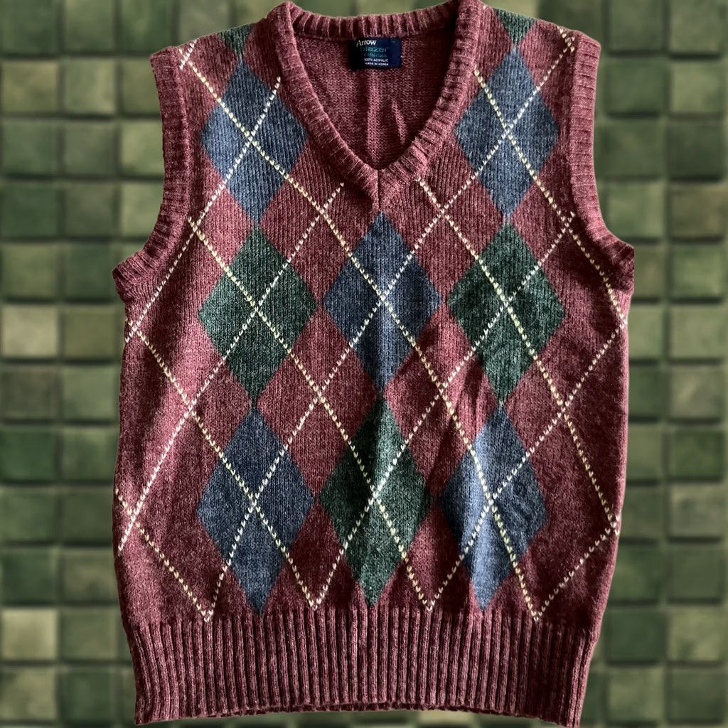 Arrow VINTAGE Arrow Vest Main Point Arrow Vest Men M Red Argyle V-Neck Acrylic Size US M / EU 48-50 / 2 - 1 Thumbnail