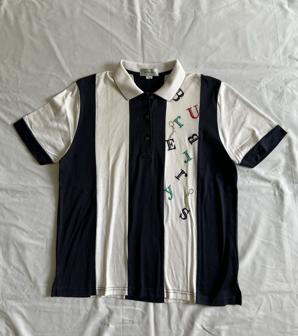 image of Archival Clothing x Burberry Vintage Burberry Alphabet Stripes Shirt in White, Men's (Size Medium)