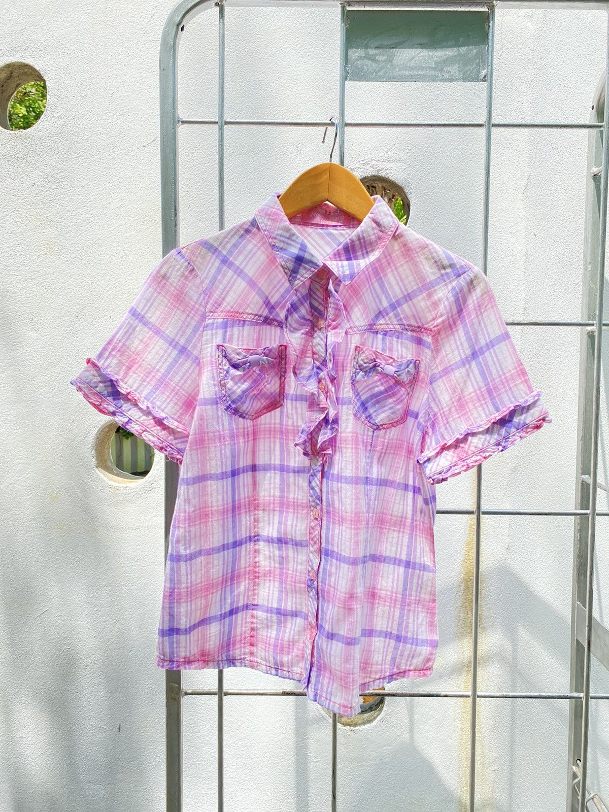 Designer × Japanese Brand Mezzo Piano Y2K Pink & Purple Plaid Ruffle Shirt Size ONE SIZE - 10 Thumbnail