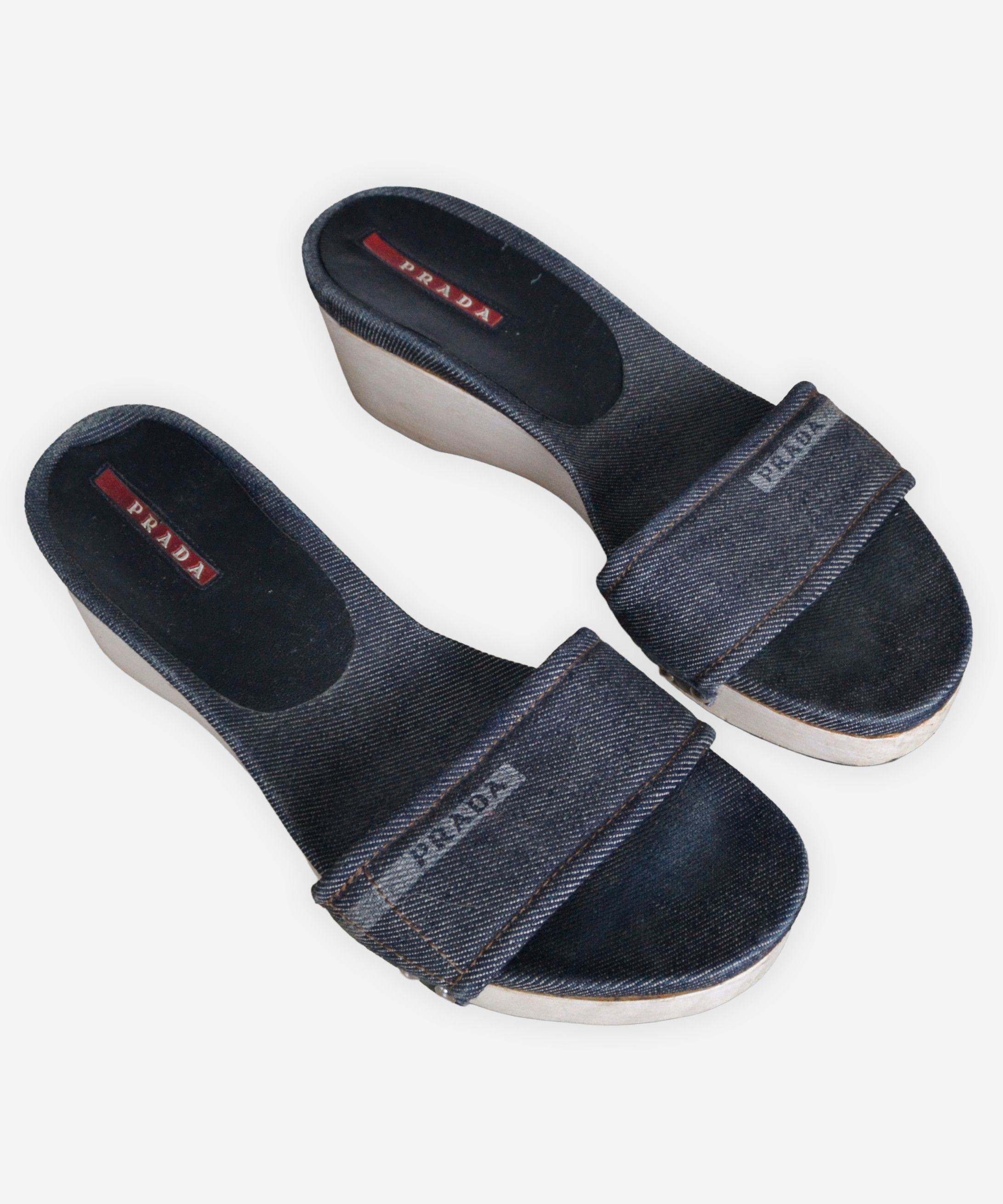 Prada PRADA Slides Slippers Wedge Sandals Blue Logo Denim 90s Size US 6 / IT 36 - 2 Thumbnail