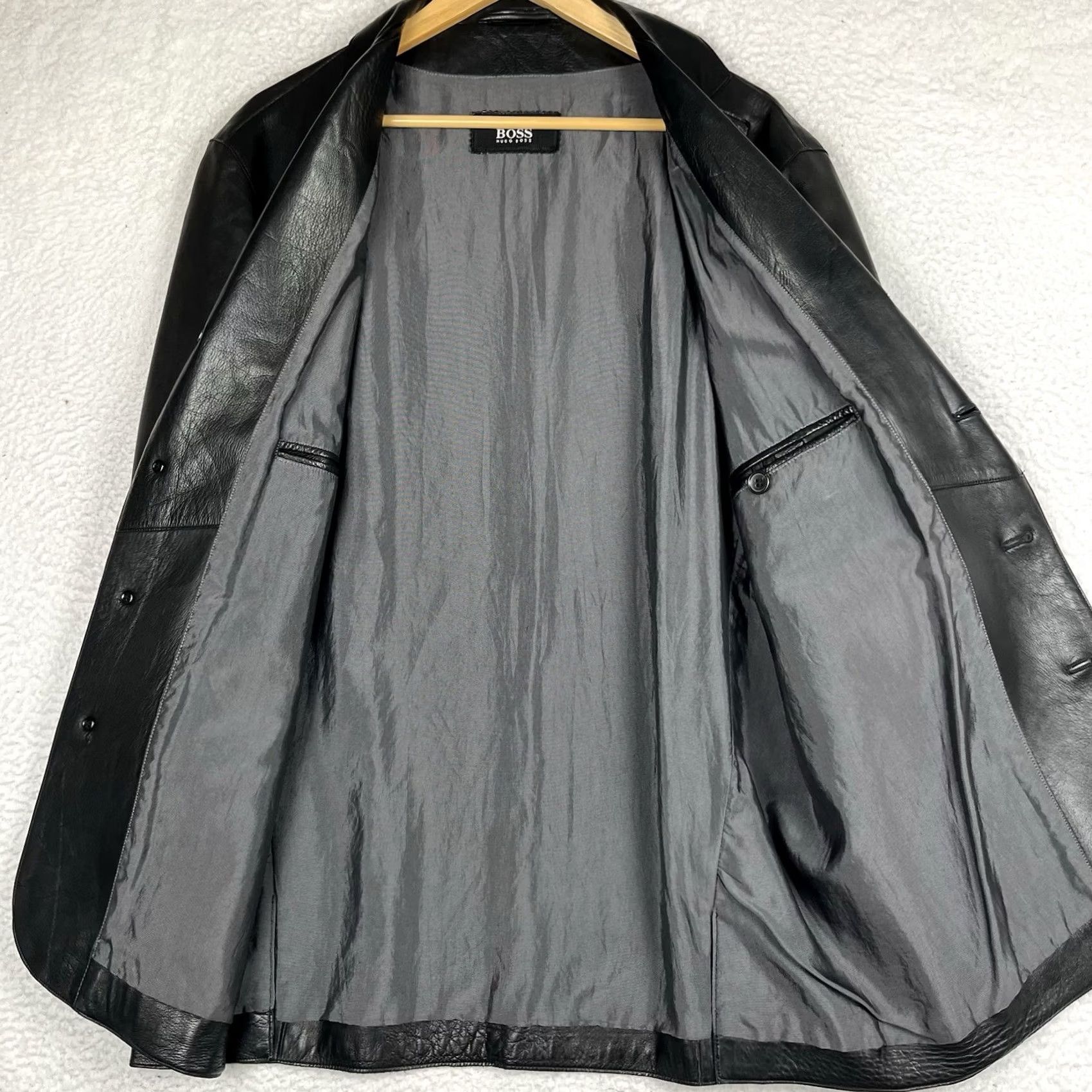 Hugo Boss HUGO BOSS Black Leather Blazer Jacket 40R Spanish Lambskin 4 Button Men Size 40R - 5 Thumbnail