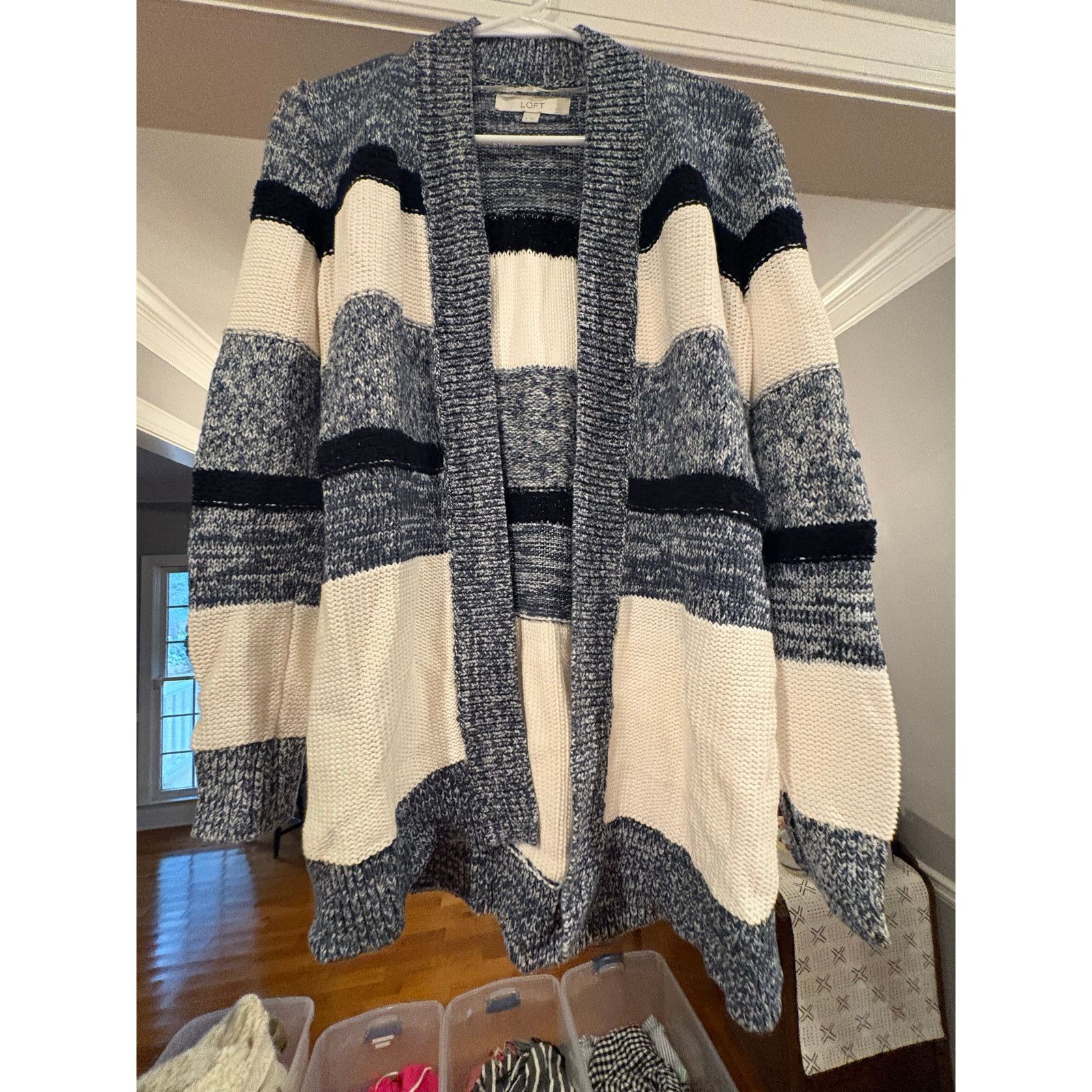 Loft LOFT Women’s Small Blue Cream Striped Cardigan Sweater Size S / US 4 / IT 40 - 2 Thumbnail