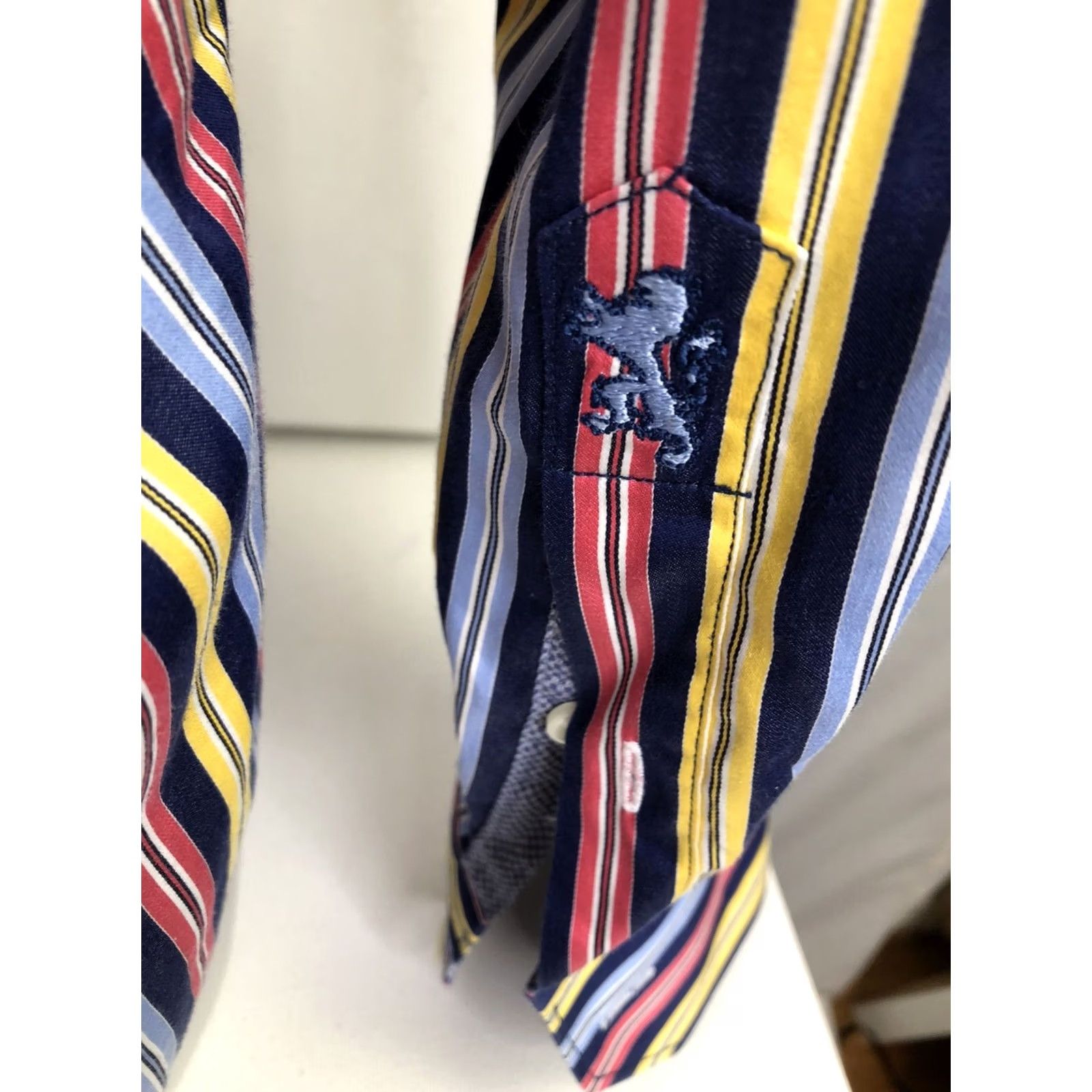 BUGATCHI BUGATCHI Shirt Mens L Embroidered Lion Classic Fit Striped Blue Red Yellow Colorful Button-Up Size US L / EU 52-54 / 3 - 5 Thumbnail