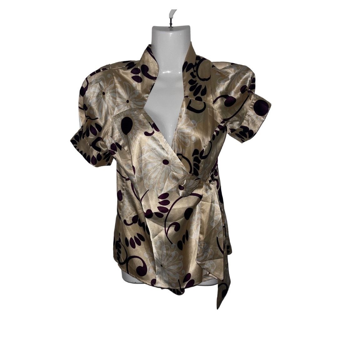 Bcbgmaxazria Ivory print Satin Like Wrap Blouse Top Y2K SZ XS Chic Career Size XS / US 0-2 / IT 36-38 - 3 Thumbnail