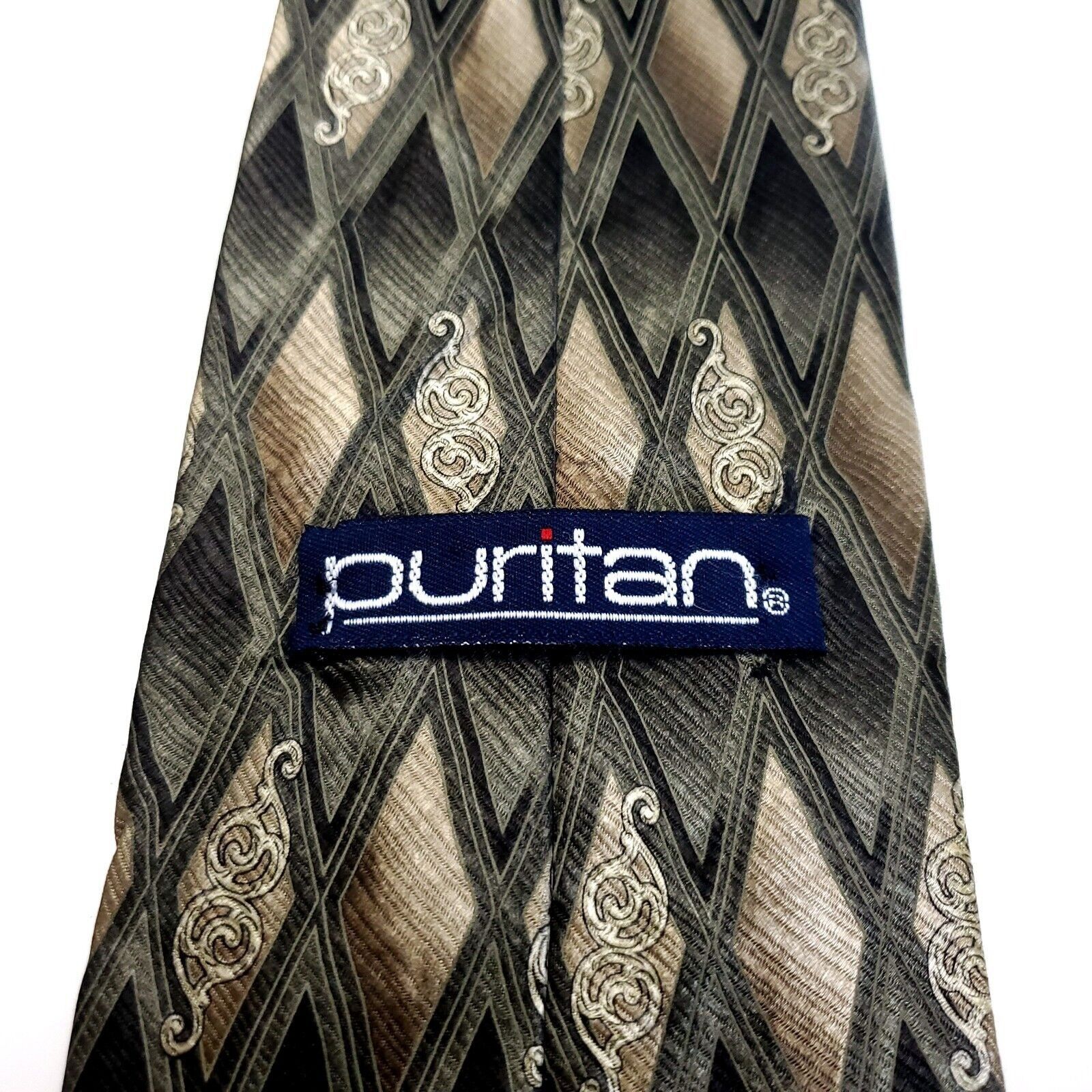 Puritan Puritan Green Tan Abstract Geometric Print Wide Silk Tie Size ONE SIZE - 3 Thumbnail