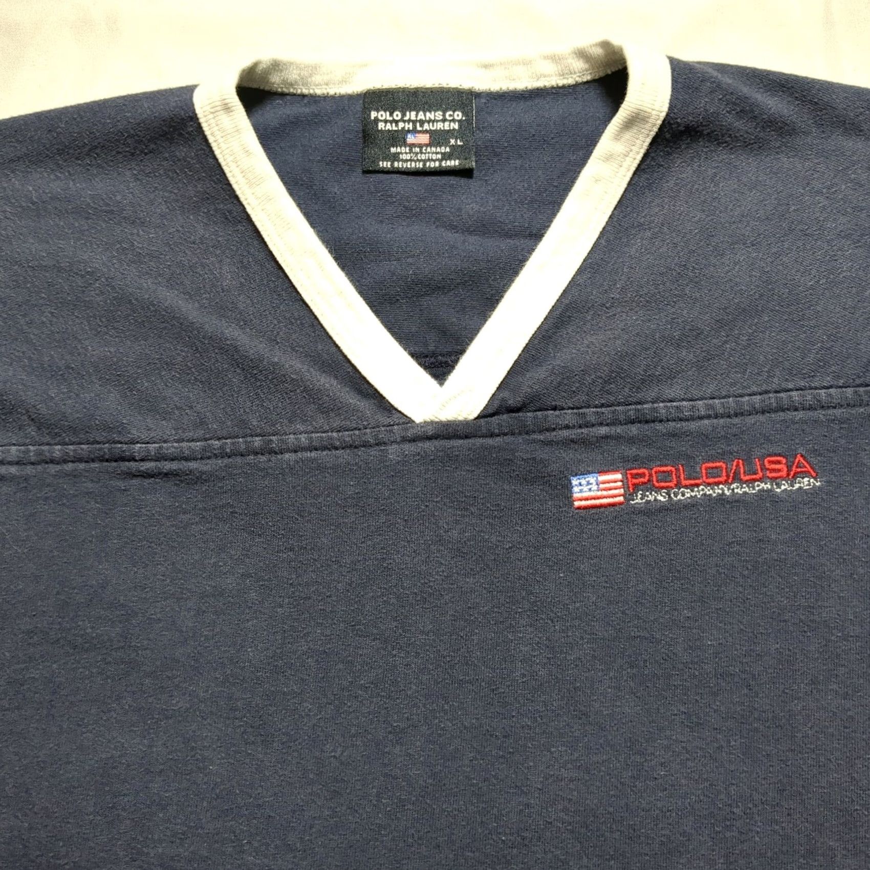 Ralph Lauren VINTAGE Polo Jeans Co. Ralph Lauren USA Flag V-Neck Ringer T-Shirt Navy Mens XL Size US XL / EU 56 / 4 - 2 Thumbnail