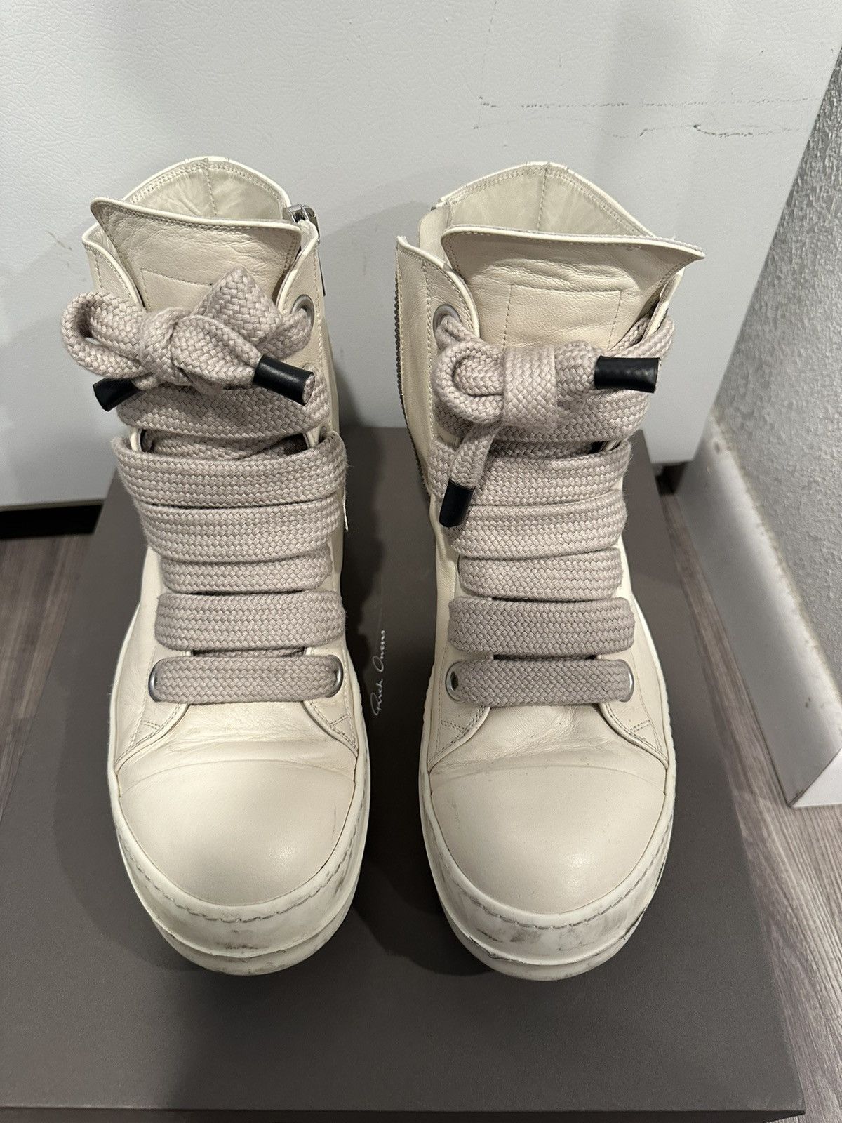 image of Rick Owens Leather Jumbo Lace Ramones High Milk Size 44 Shoes in Pearl Milk, Men's