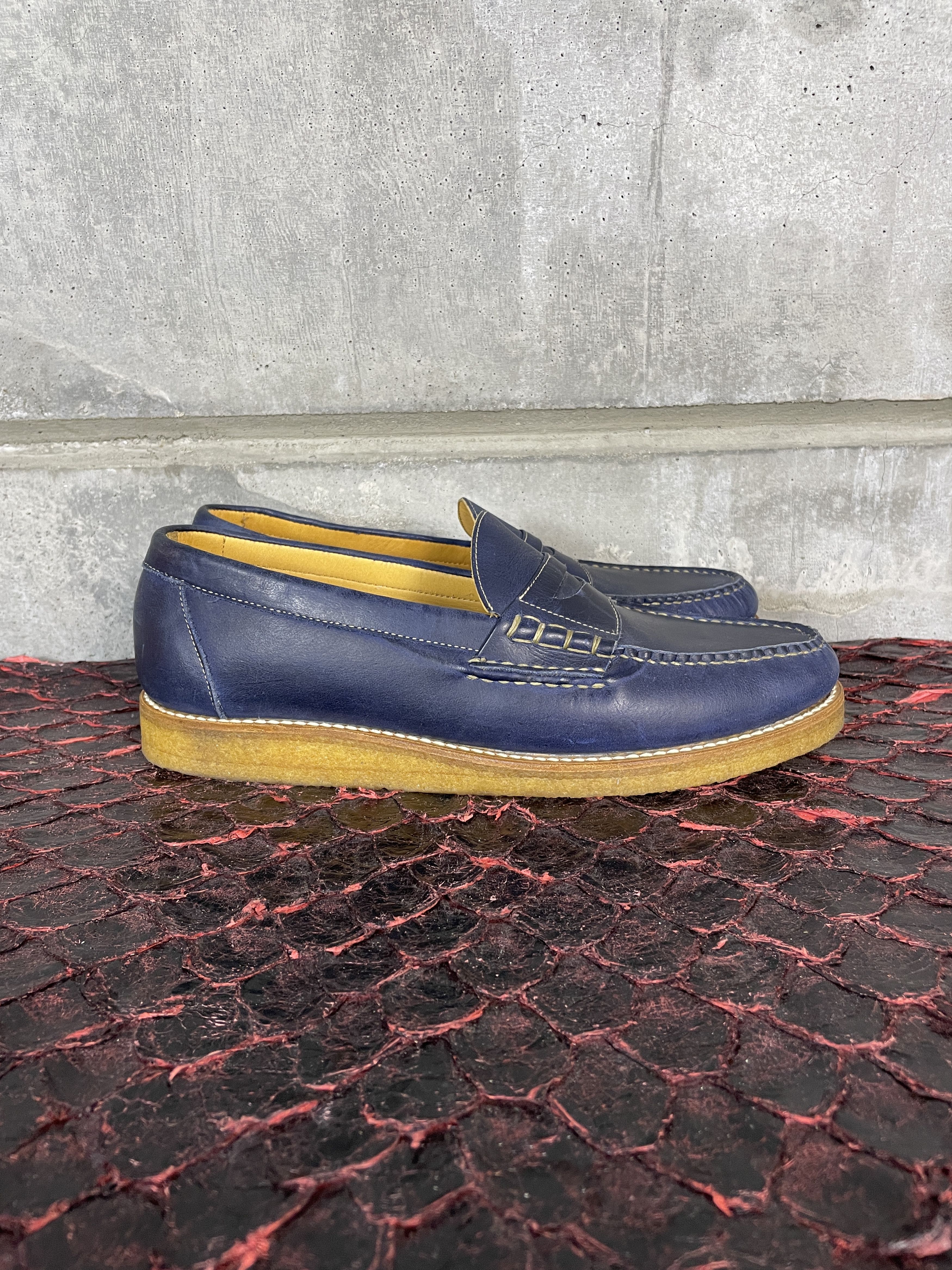 Yuketen Navy Blue Leather Loafers