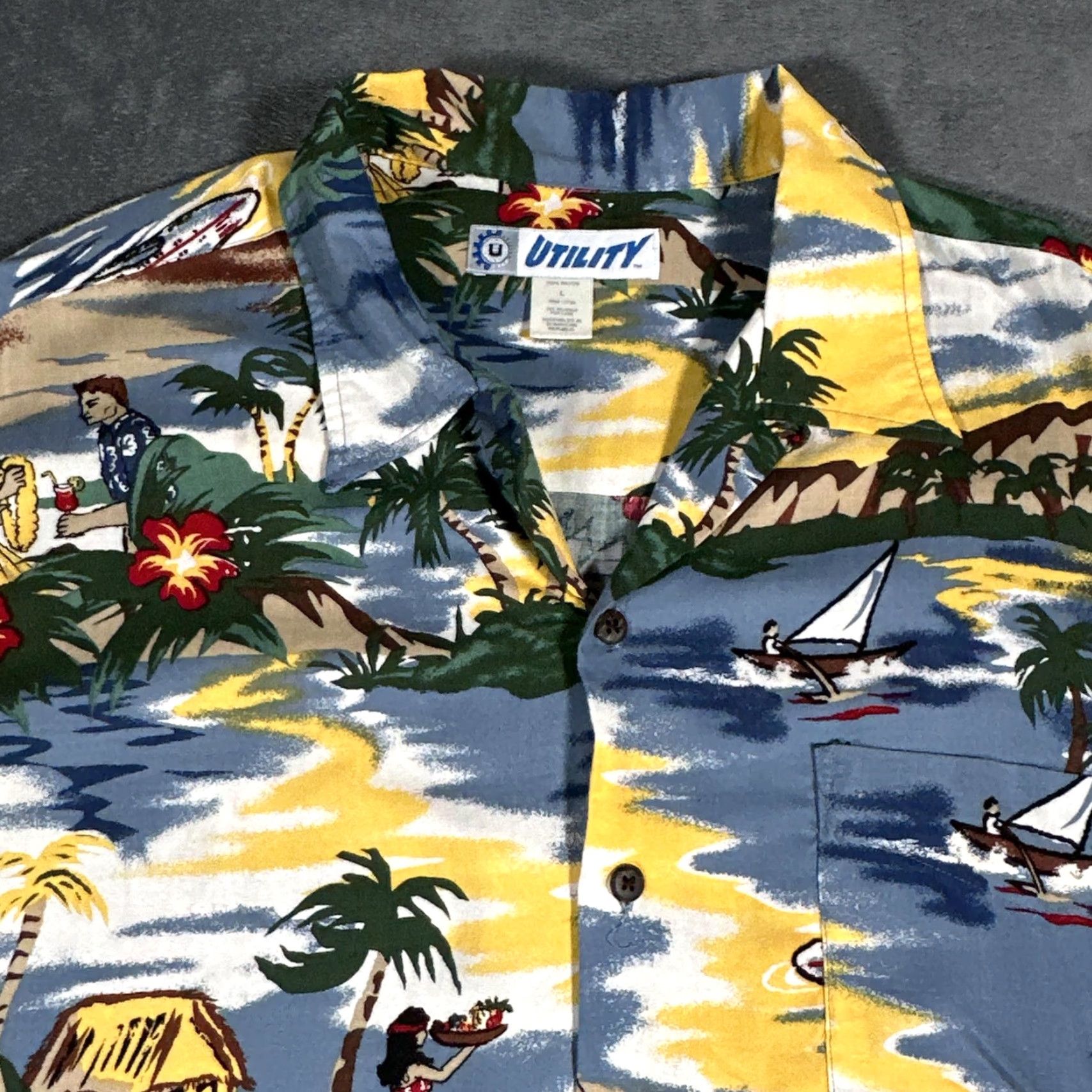 Vintage Utility Shirt Mens Large Blue Hawaiian Aloha Button Front Short Sleeve Tropical Shirt Size US L / EU 52-54 / 3 - 2 Thumbnail