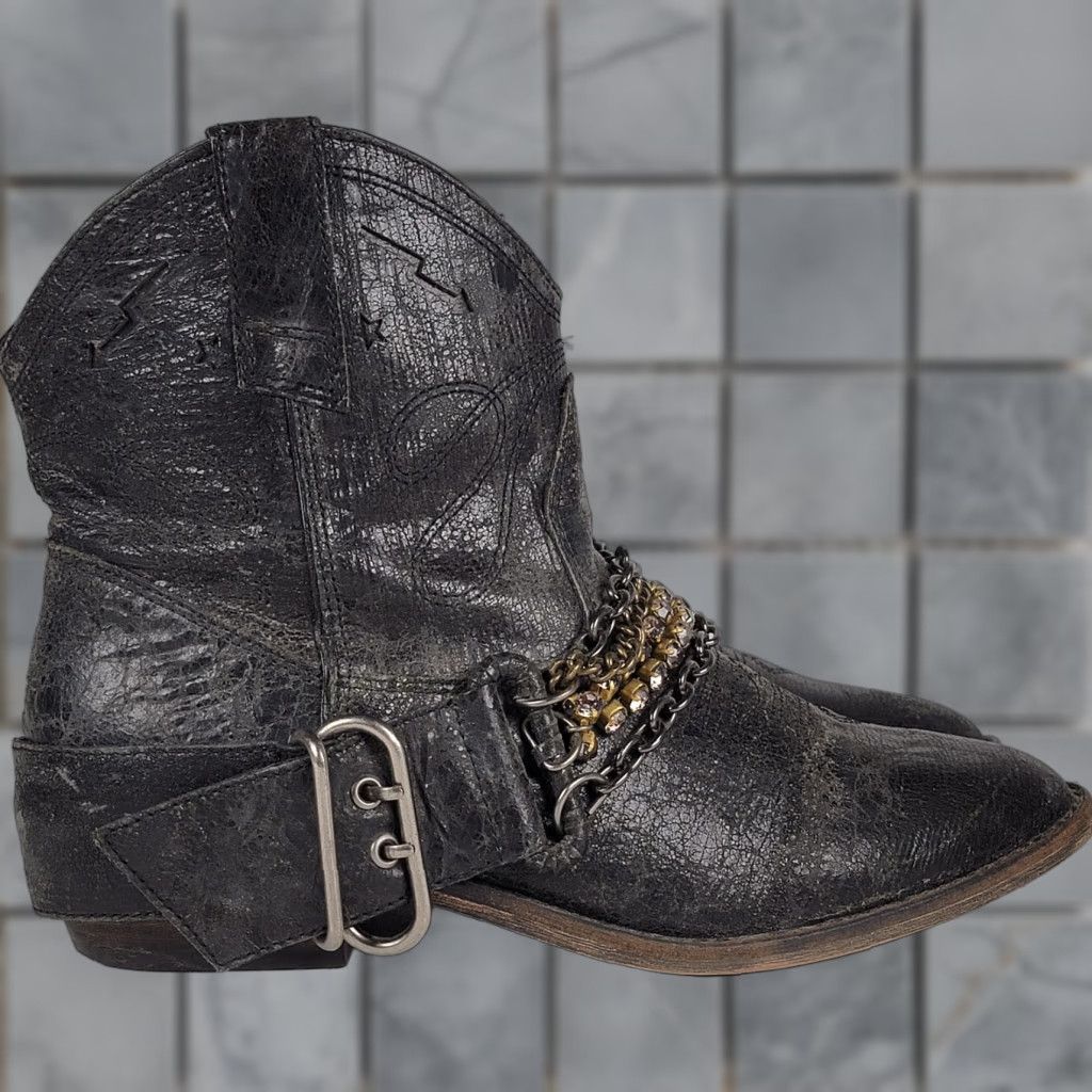 Steve Madden Steve Madden Brasko Women Cowboy Bootie Leather Chains Rhinestones Festival 8.5 Black Leather Bootie Cowboy Womens 8.5 Size ONE SIZE - 1 Thumbnail